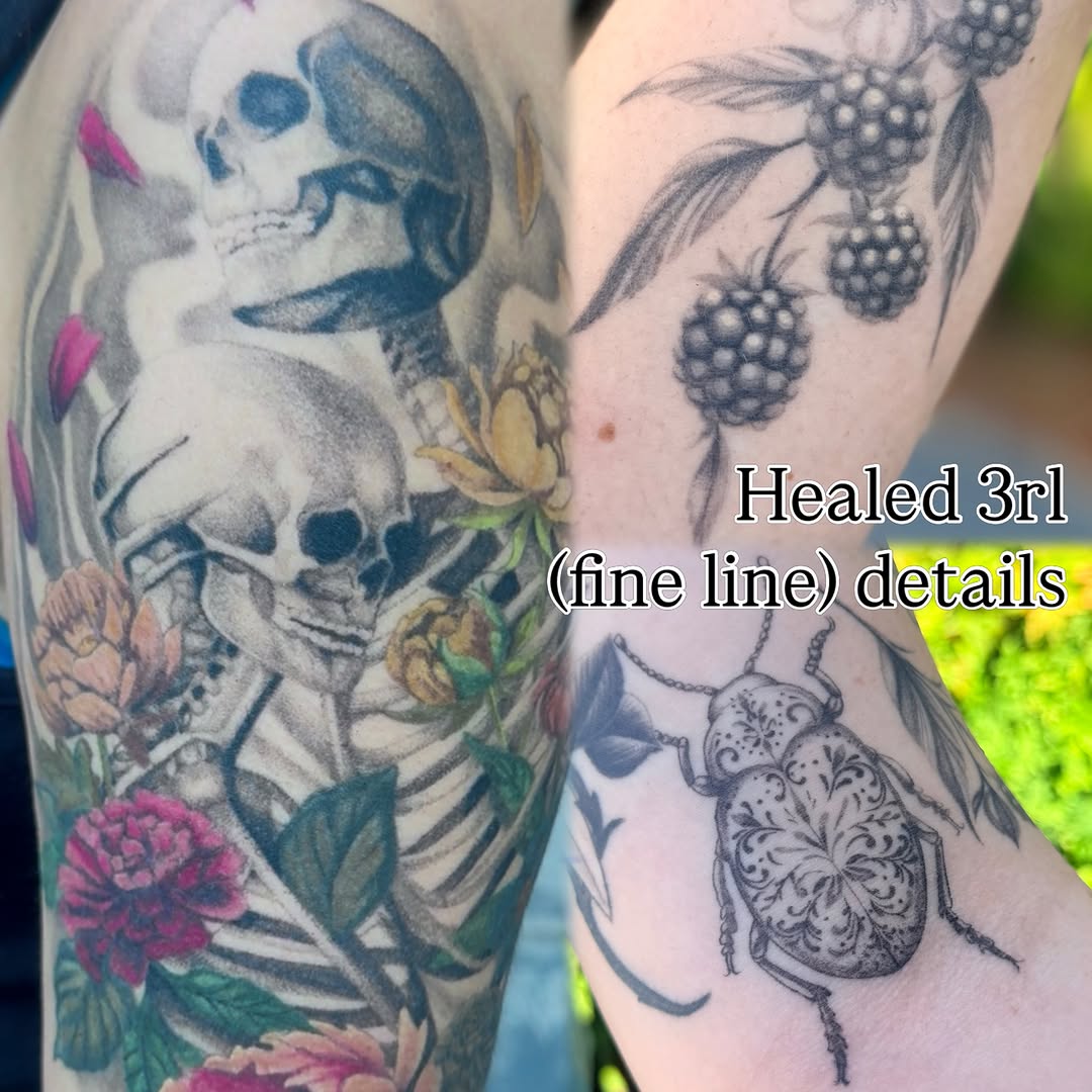 Skulls and flowers fine line tattoo on the forearm by Maggie George