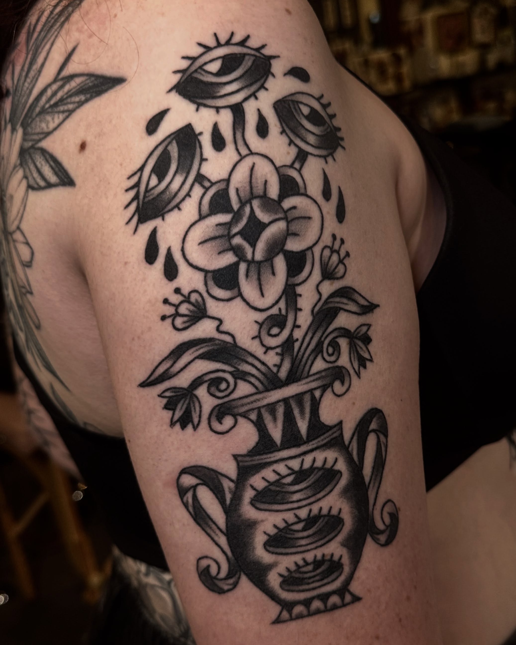 Teapot with flowers American traditional tattoo on the shoulder by ࿊ Emma Sloan Tattoos ࿊, Austin, Texas