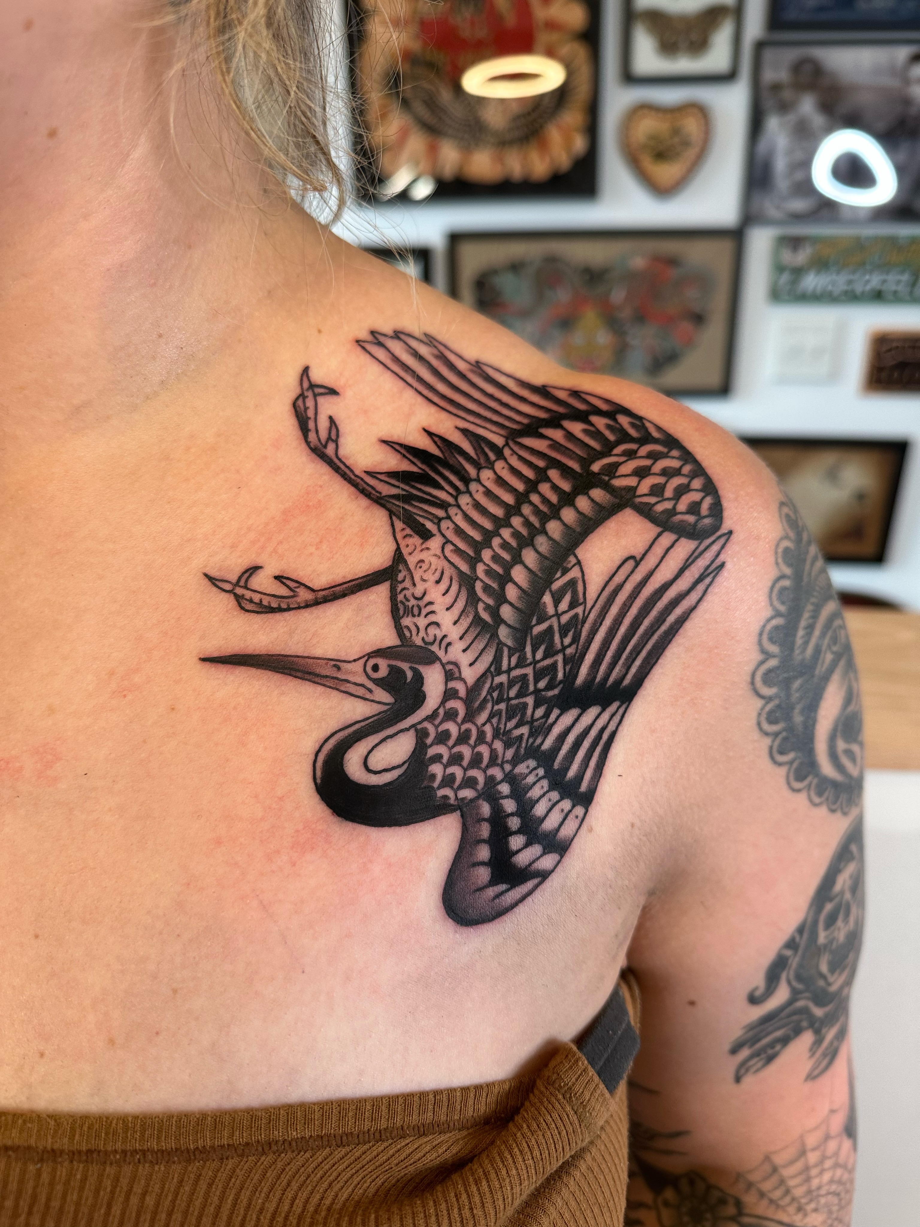 Heron American traditional tattoo on the shoulder by A.j. Lingerfeldt, Nashville, Tennessee