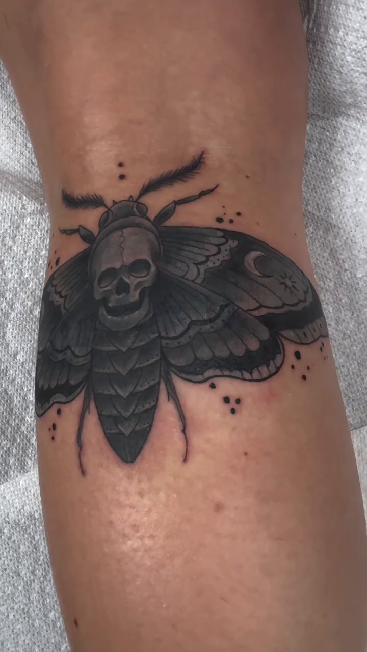 Death's-head hawkmoth with skull fine line tattoo on the forearm by Israel Jacob Woehler