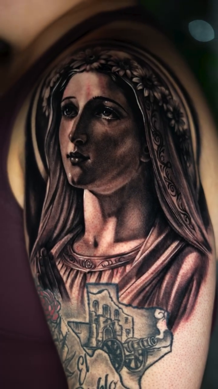 Virgin Mary with Texas outline realism tattoo by π΅ππππ πΏπππππ, Houston, Texas