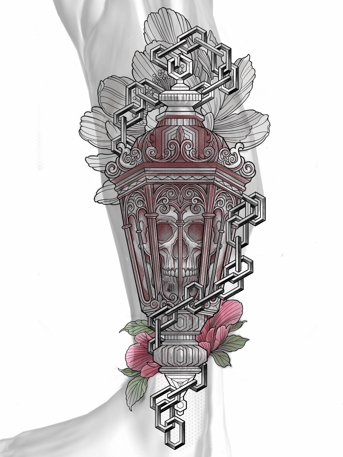 Skull lantern geometric tattoo on the forearm by Mike Cole