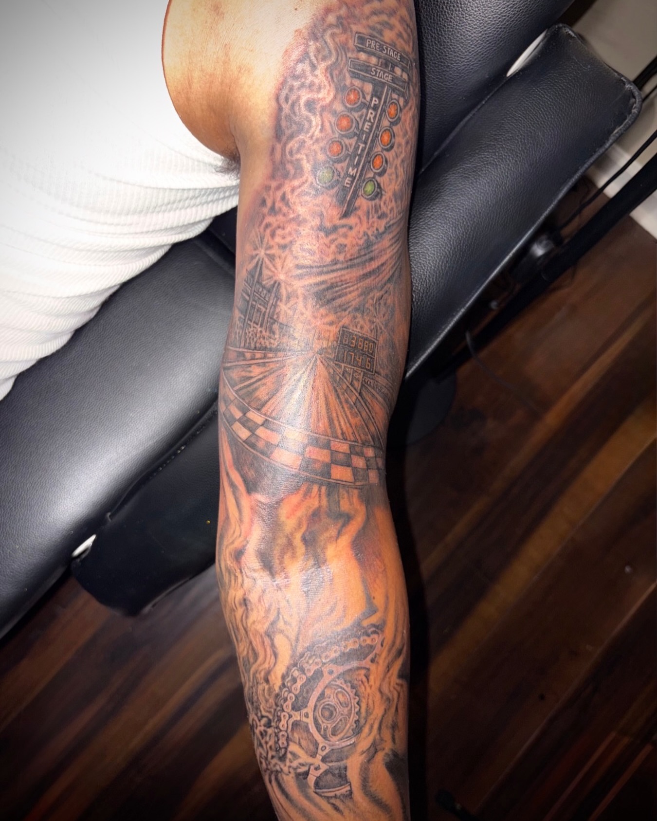 Mechanical device black and grey tattoo on the forearm by K.L Tattoo Uptown