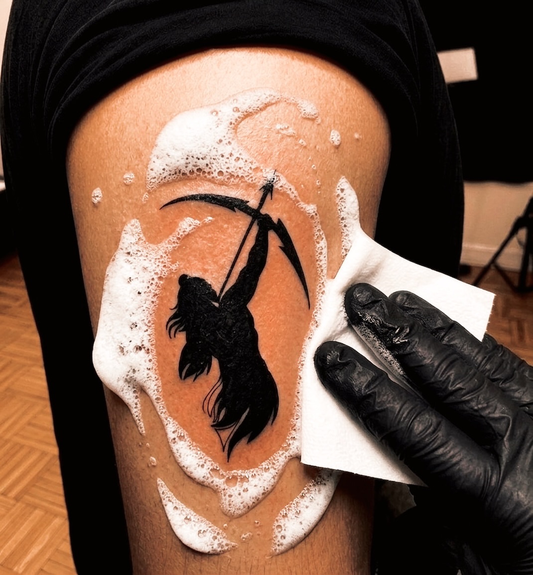 Mermaid black and grey tattoo on the thigh by I N K S L A y e R