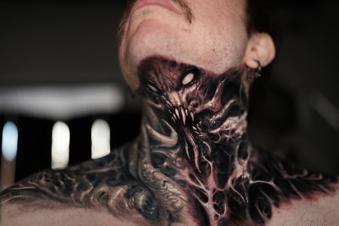 Demonic creature neck tattoo realism tattoo on the neck by David Jorquera