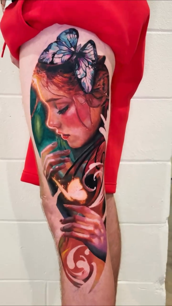 Portrait of a woman with butterflies surrealism tattoo on the thigh by Yu Chen
