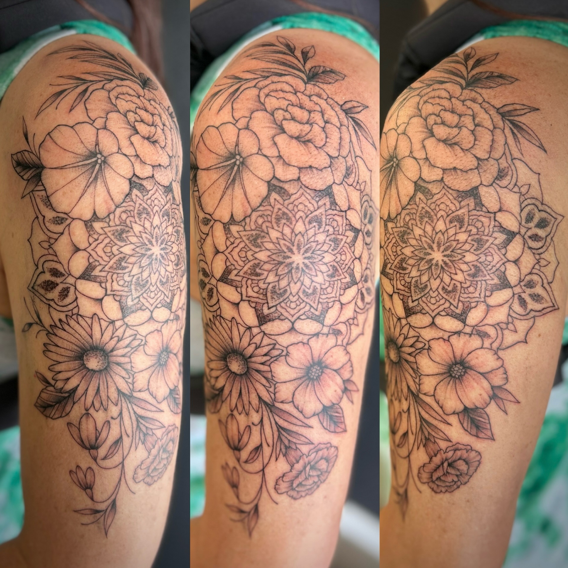 Floral mandala geometric tattoo on the thigh by Browtique & Ink, Clearwater, Florida