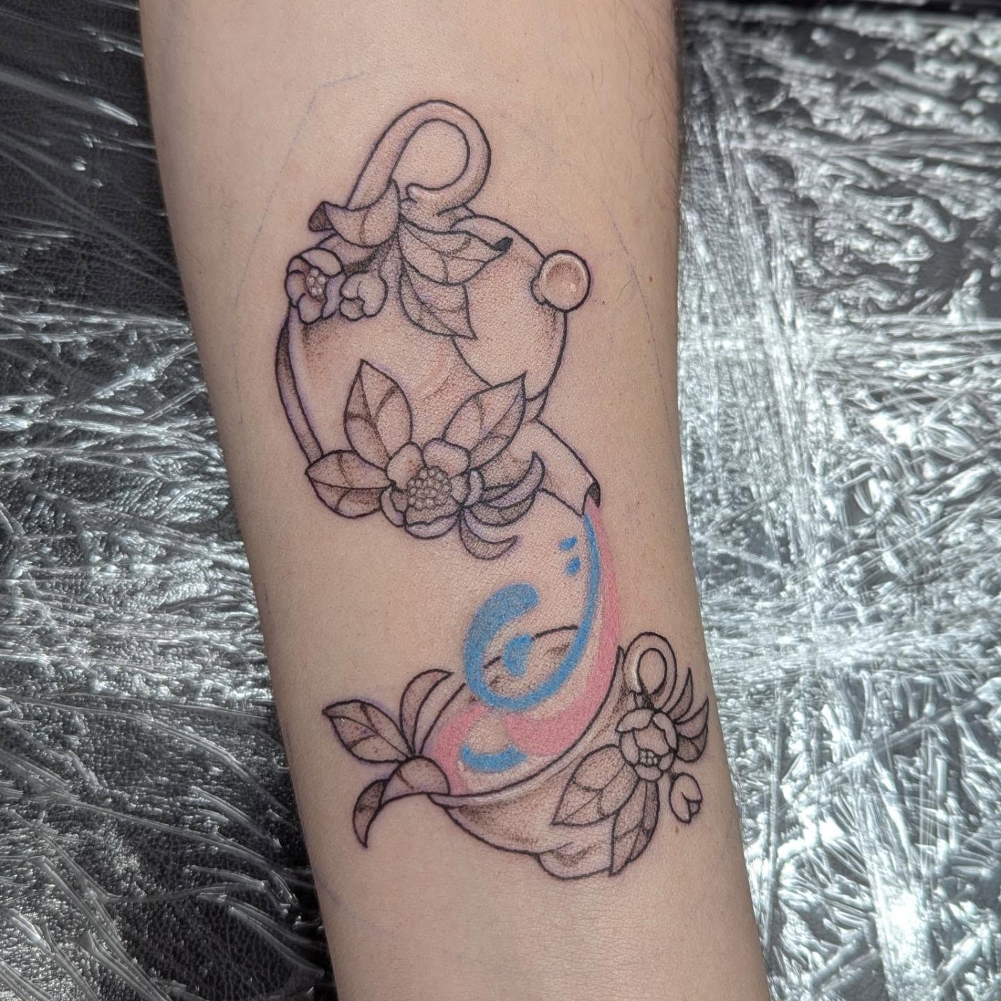 Bear and floral dotwork tattoo on the forearm by Spencer Jennings, Westland, Michigan