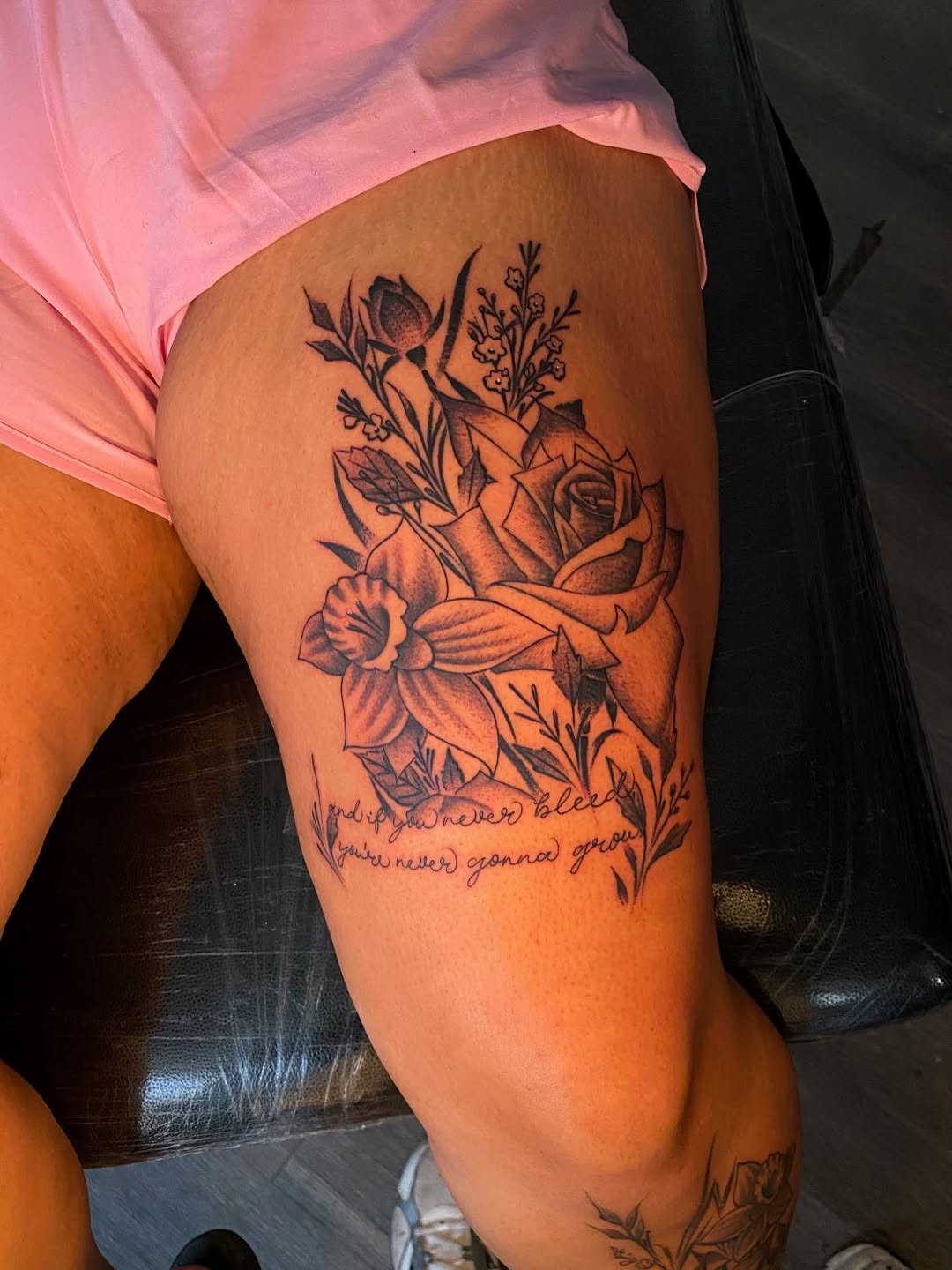 Tattoo by @stilmore_soulz — black_and_grey, lettering_script