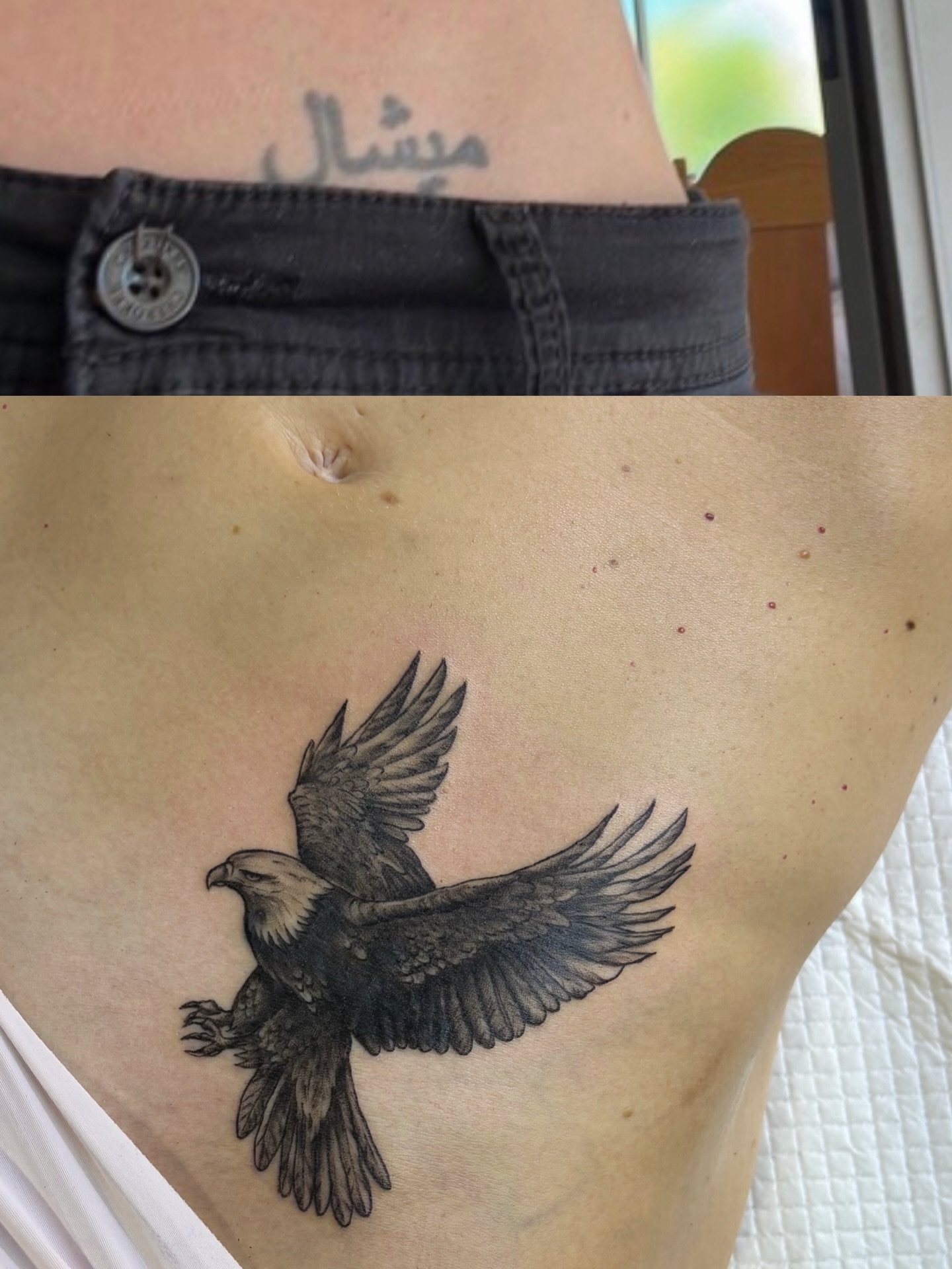 Eagle black and grey tattoo on the ribs by Art by Aimee
