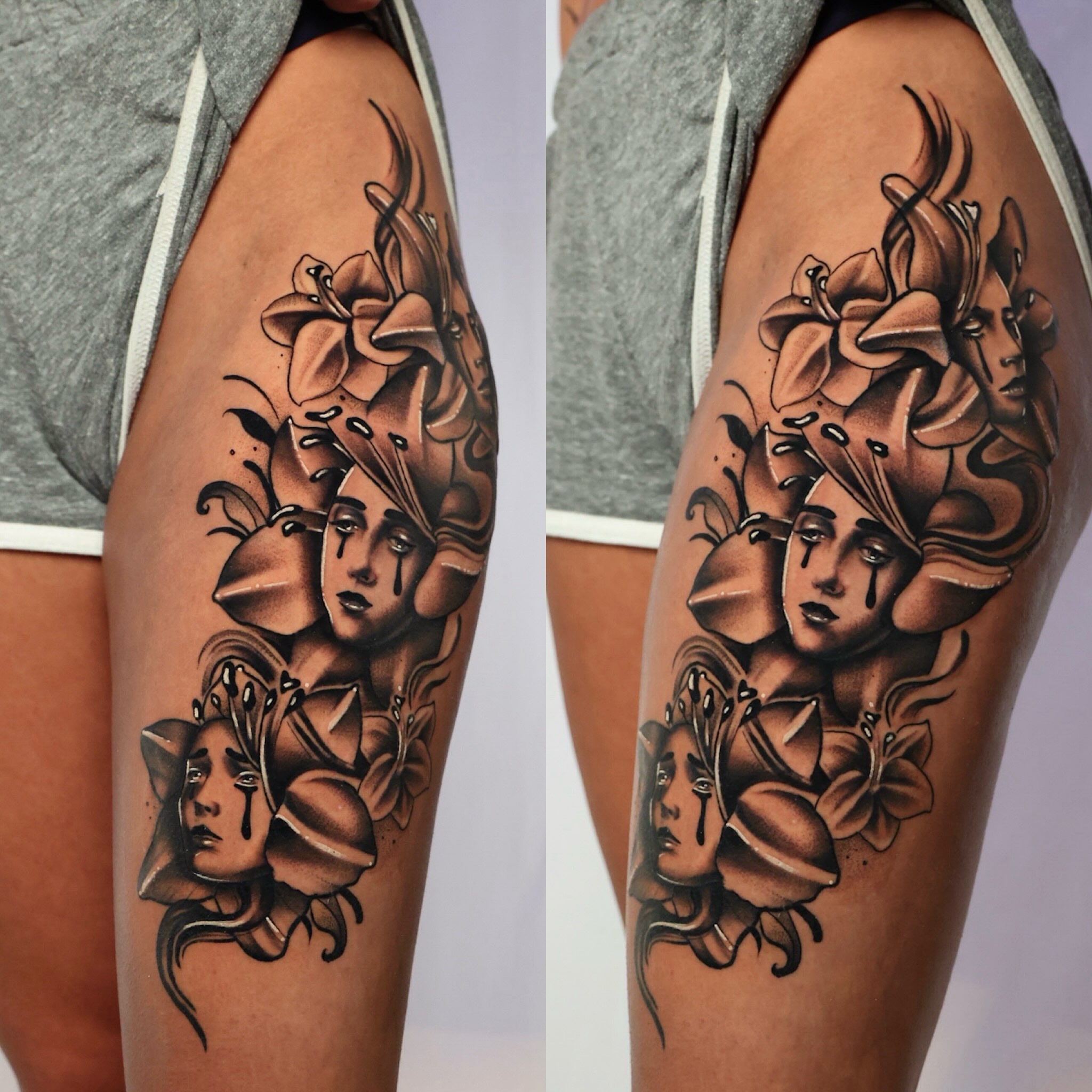 Woman's face with flowers black and grey tattoo on the thigh by Haleigh Cunningham, Charlotte, North Carolina