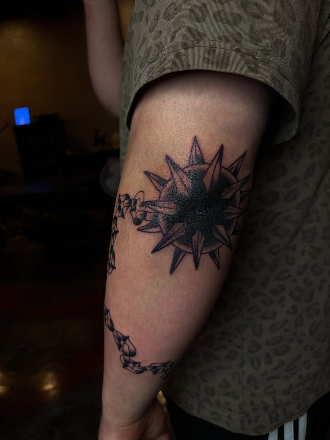 Flail mace geometric tattoo on the forearm by destany aguilera, Davenport, Iowa