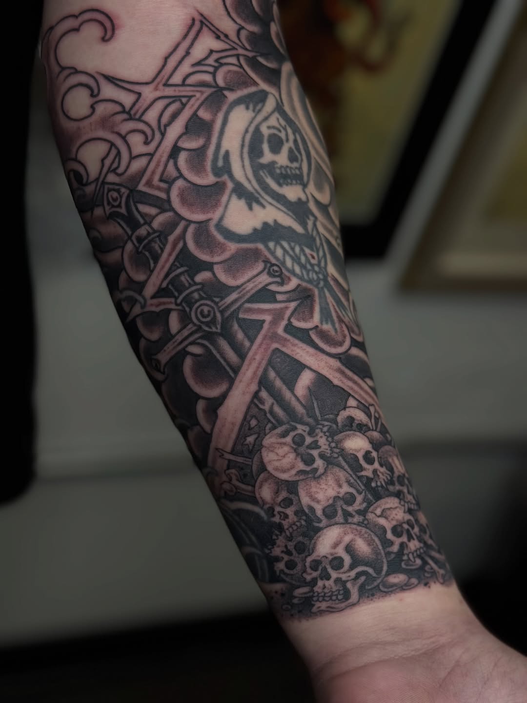 Tattoo by @benkarnofsky — black_and_grey, dark_realism