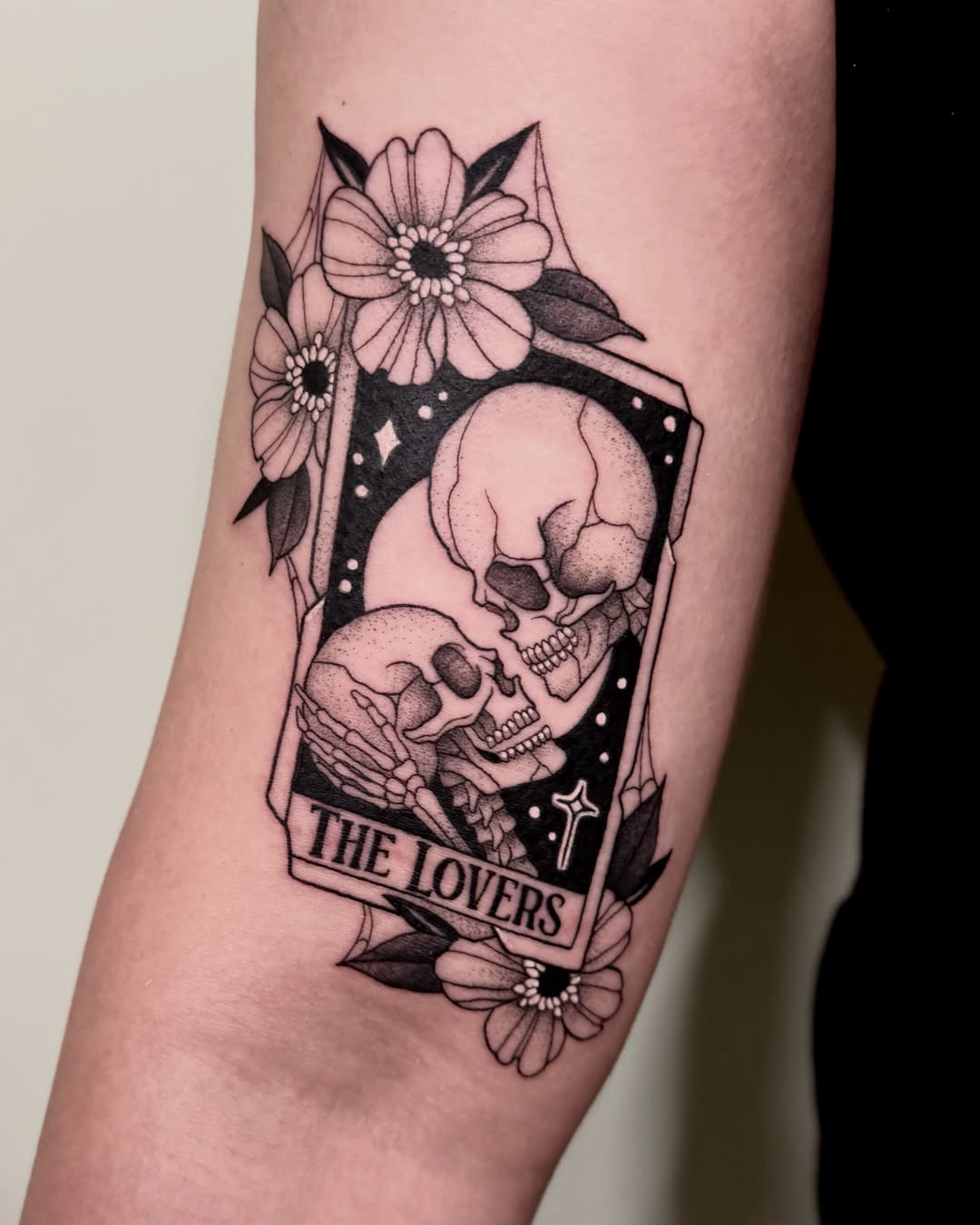 The lovers tarot card black and grey tattoo on the forearm by Eden Allen