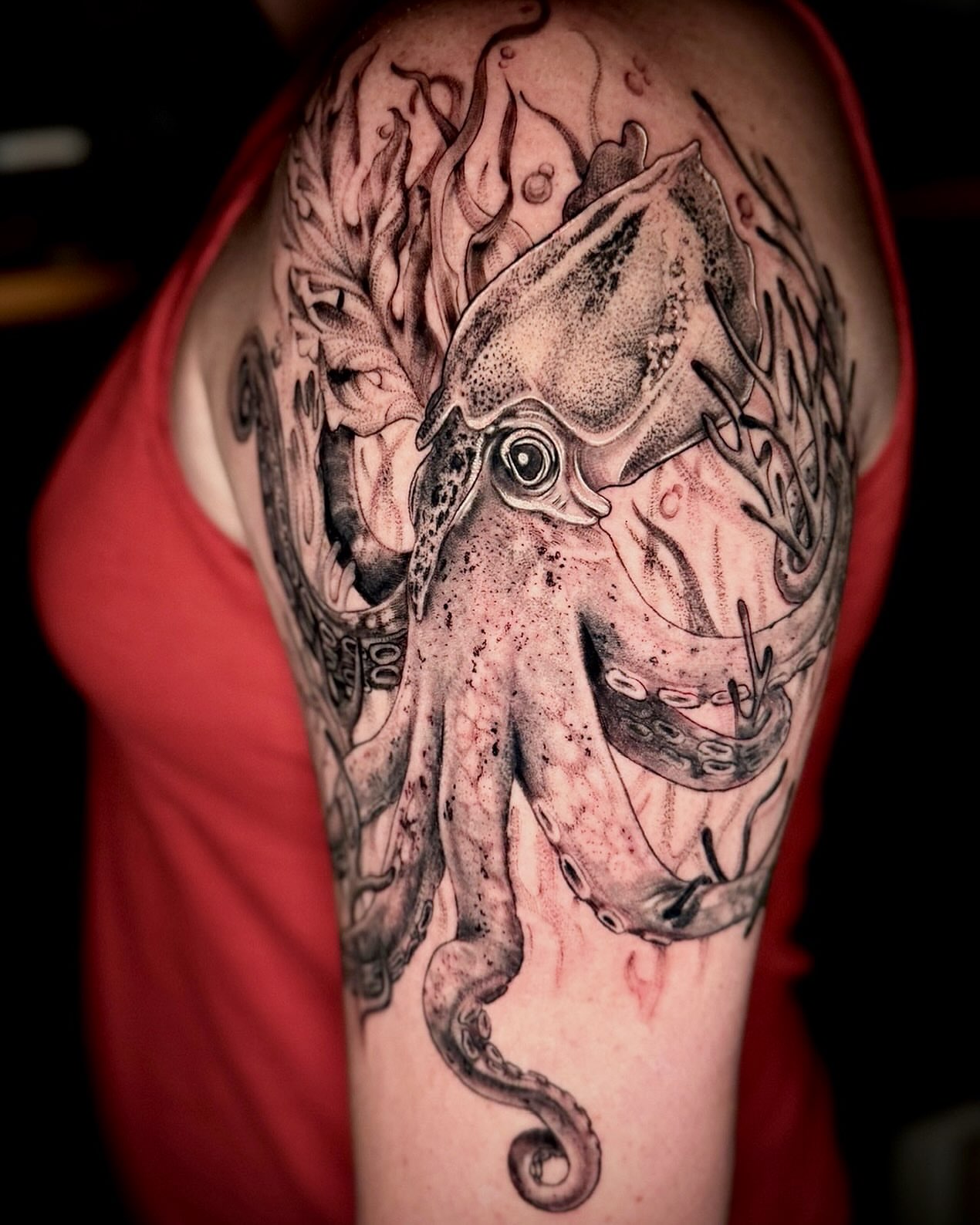 Octopus dotwork tattoo on the shoulder by Giovanna Kline