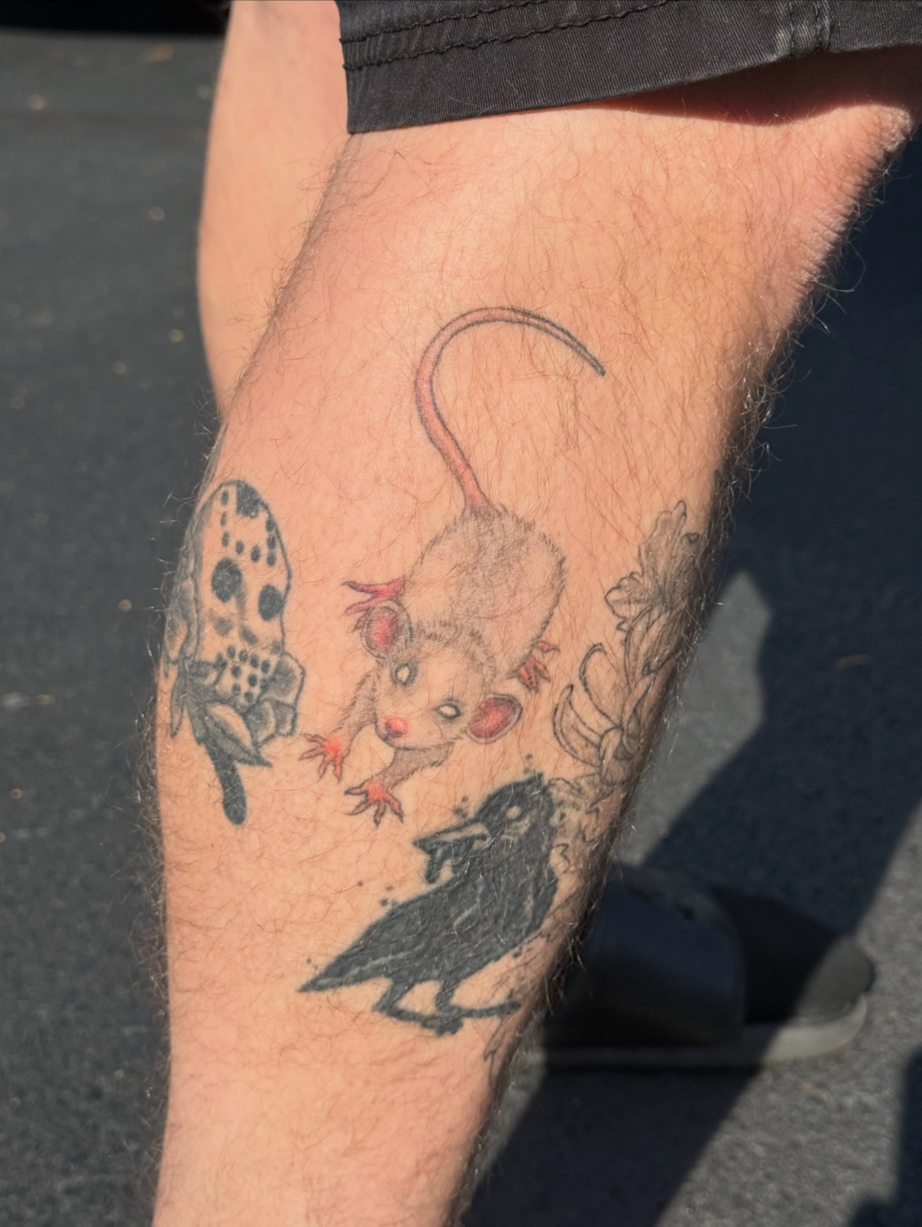 Mouse and crow dotwork tattoo on the forearm by Olivia, Royal Oak, Michigan