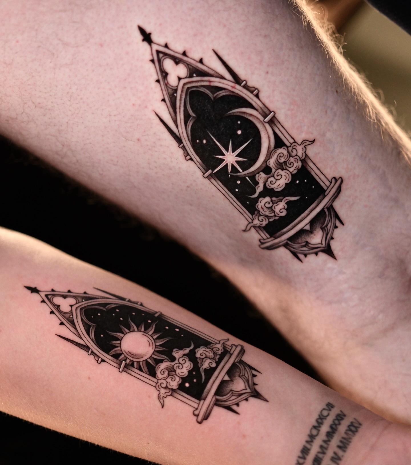 Astronomical symbols black and grey tattoo on the forearm by IVY