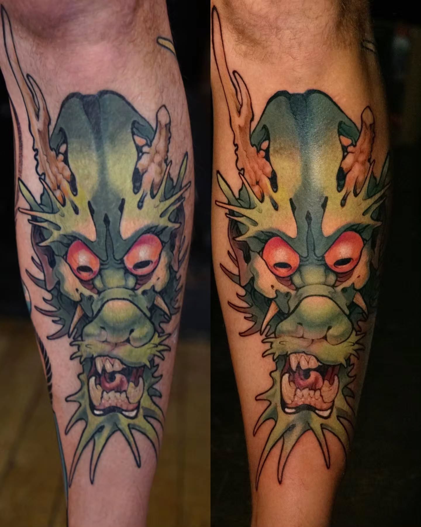Dragon head dotwork tattoo on the forearm by Justin Byrd, Kansas City, Missouri