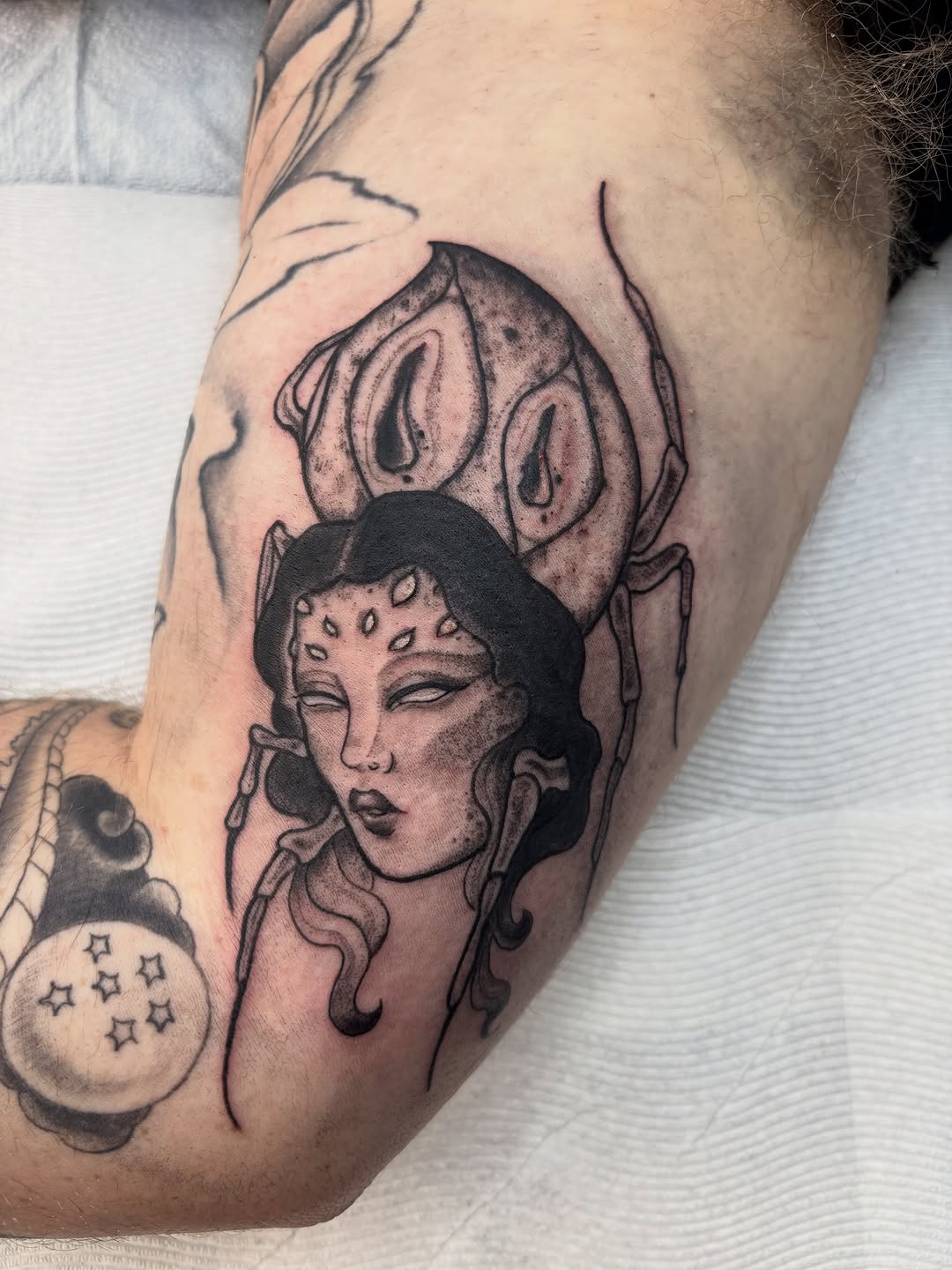 Spider woman portrait realism tattoo on the forearm by Nashville Tattoo Artist
