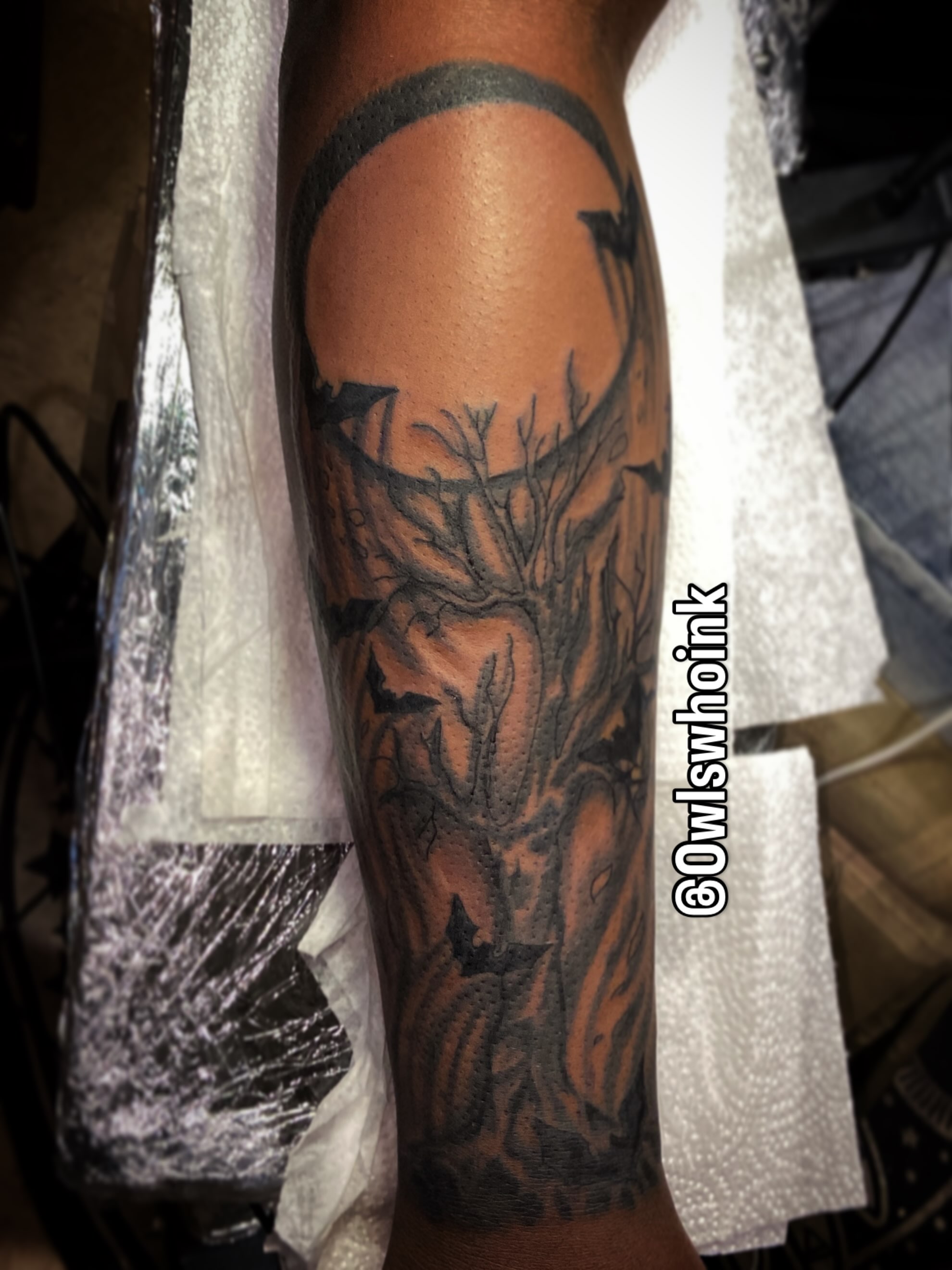 Tree and birds black and grey tattoo on the forearm by OwlWhoINKs