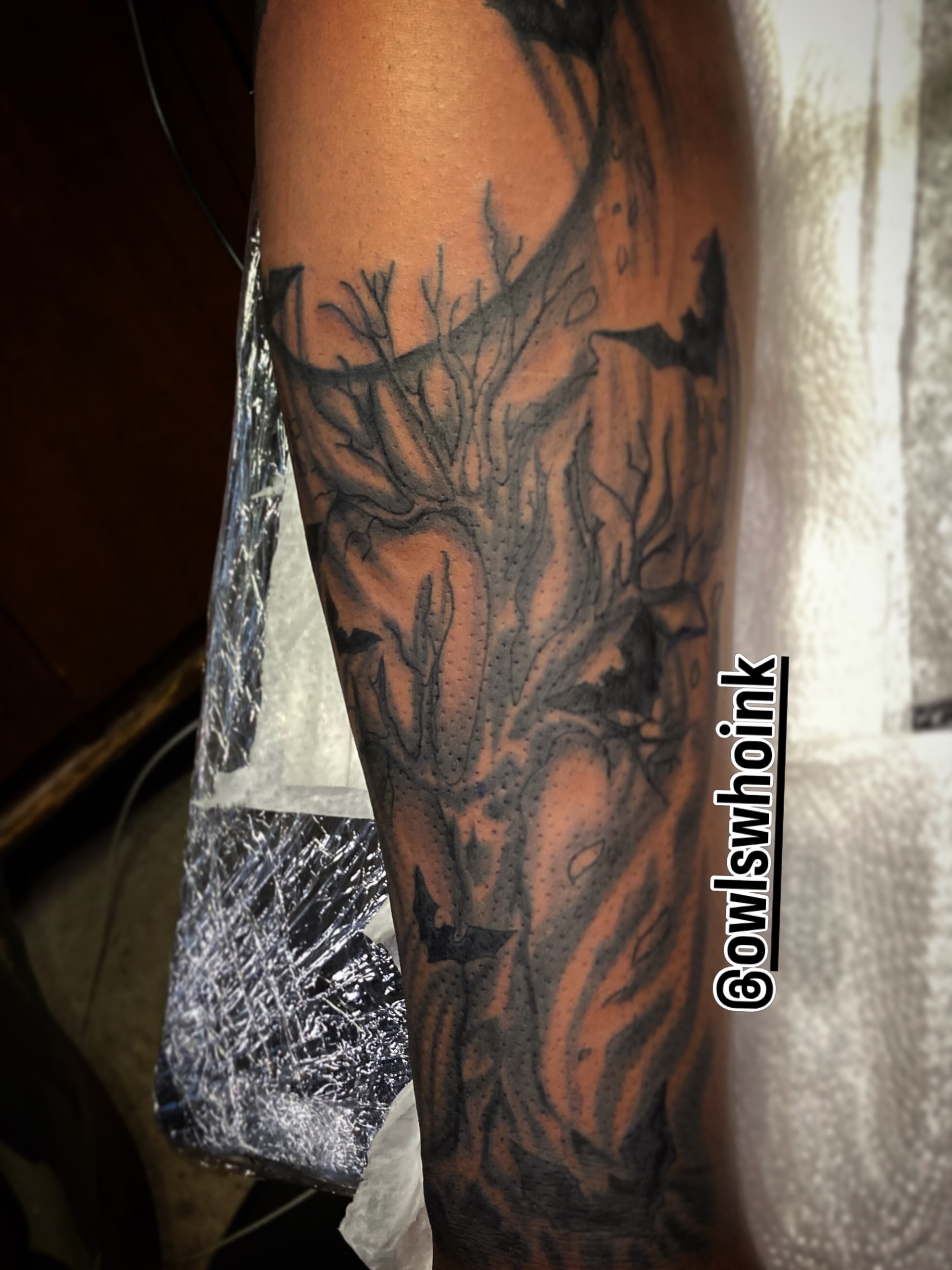 Tree black and grey tattoo on the forearm by OwlWhoINKs