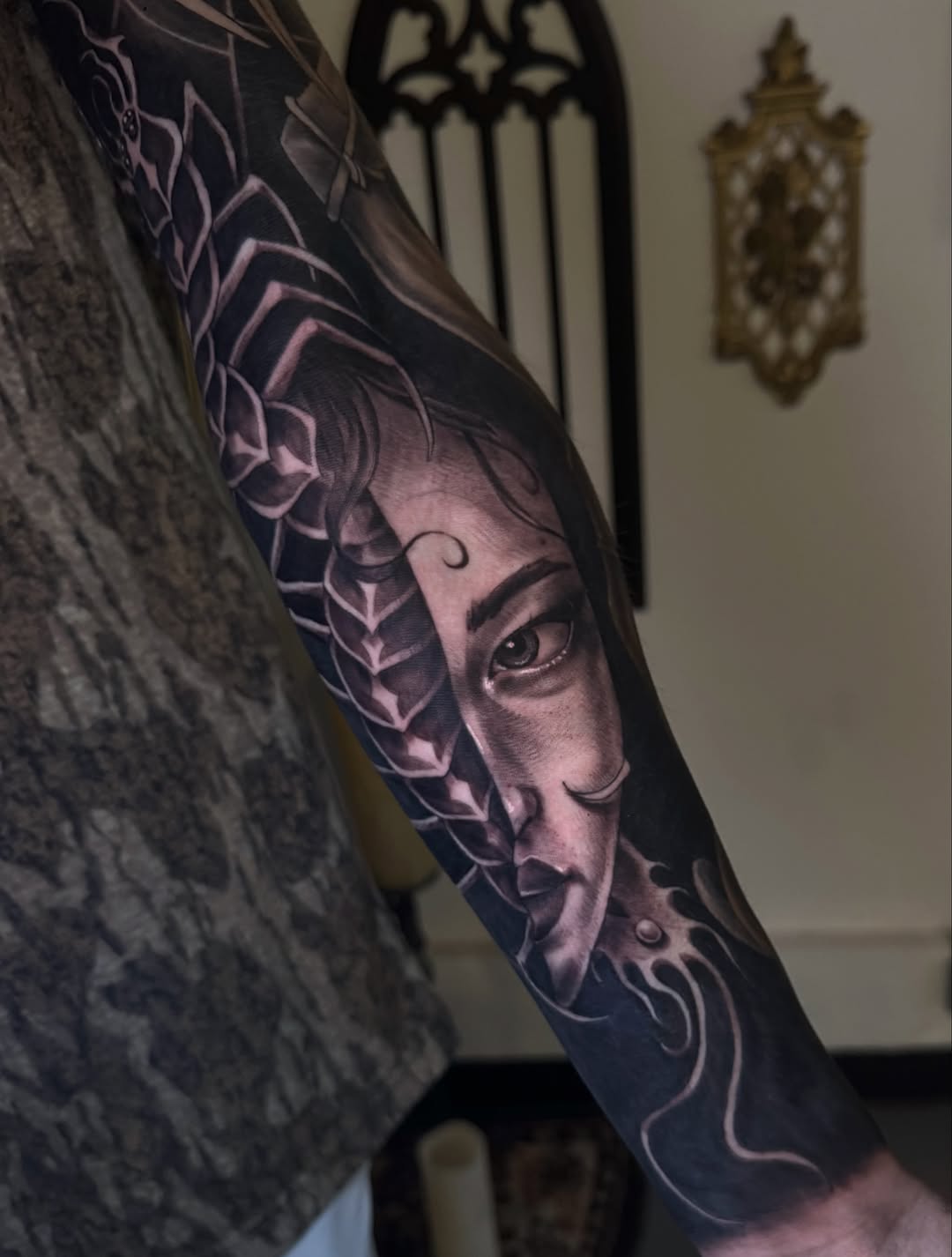 Face with armor elements realism tattoo on the forearm by Mags🗡️