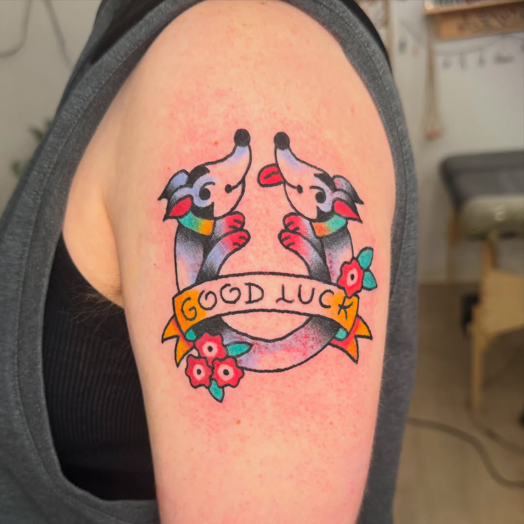 Good luck American traditional tattoo on the shoulder by Gus Roach Graves