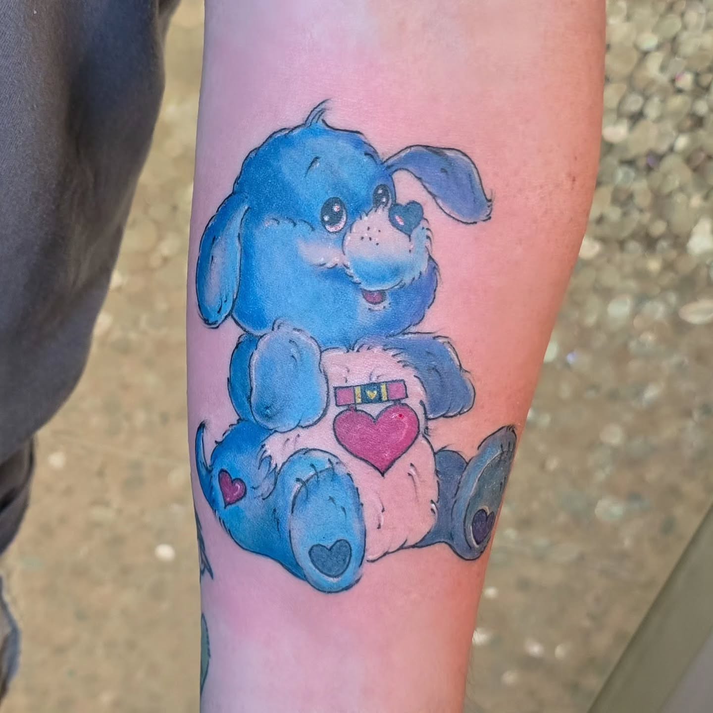 Blue puppy dotwork tattoo on the forearm by Hope 🌙, Cincinnati