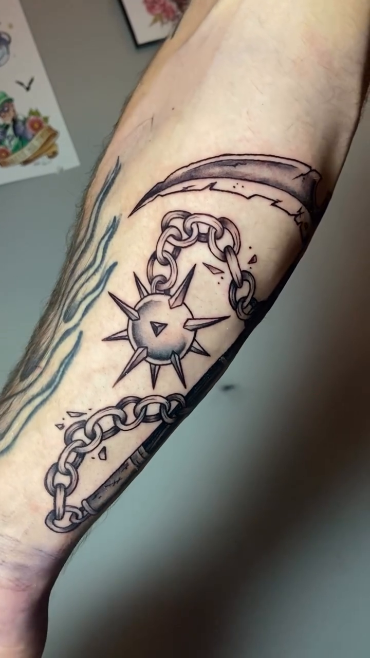 Scythe with flail and chains cyber sigilism tattoo on the forearm by โ๏ธ ๐๐ฎ๐ฐ๐ธ๐ถ๐ฒ โ๏ธ