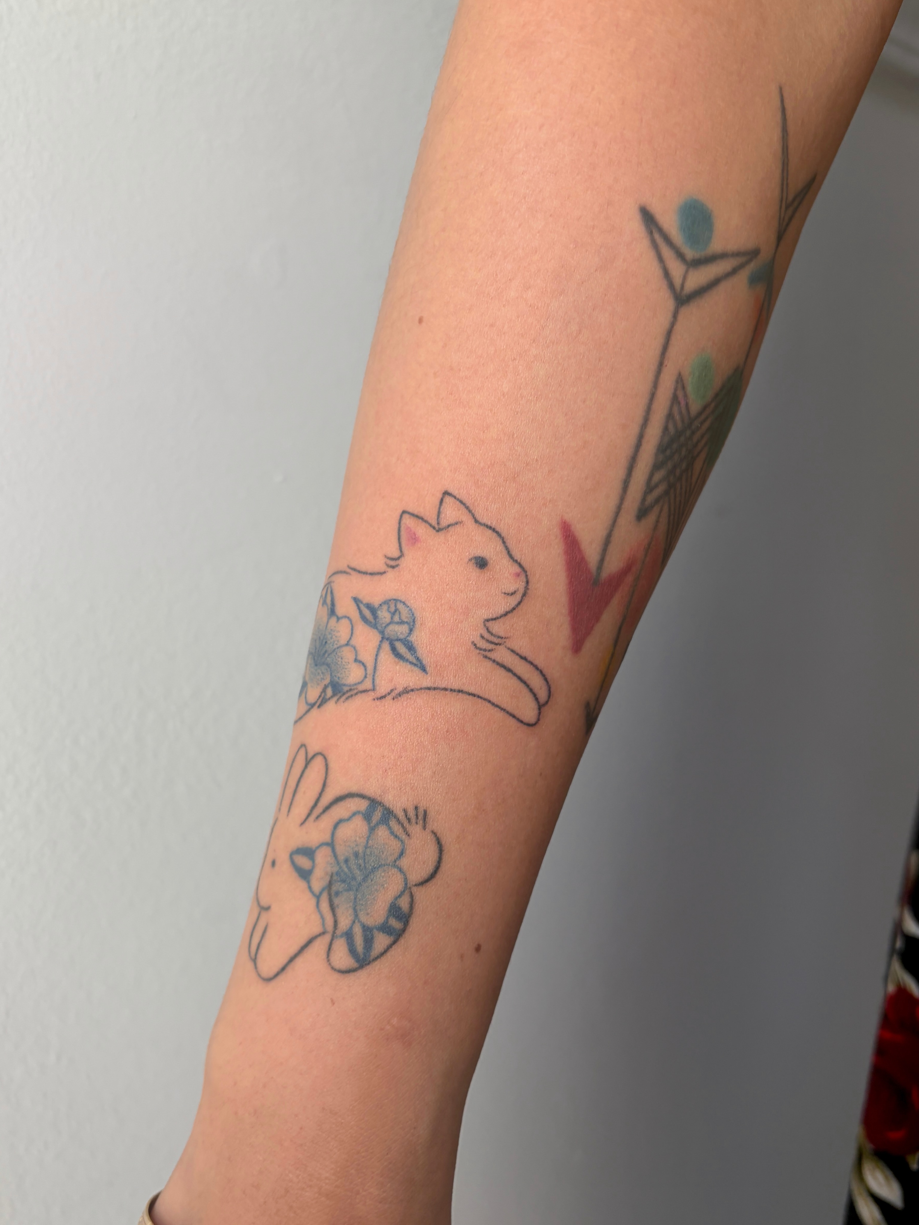 Cat and flowers dotwork tattoo on the forearm by alli ミ☆