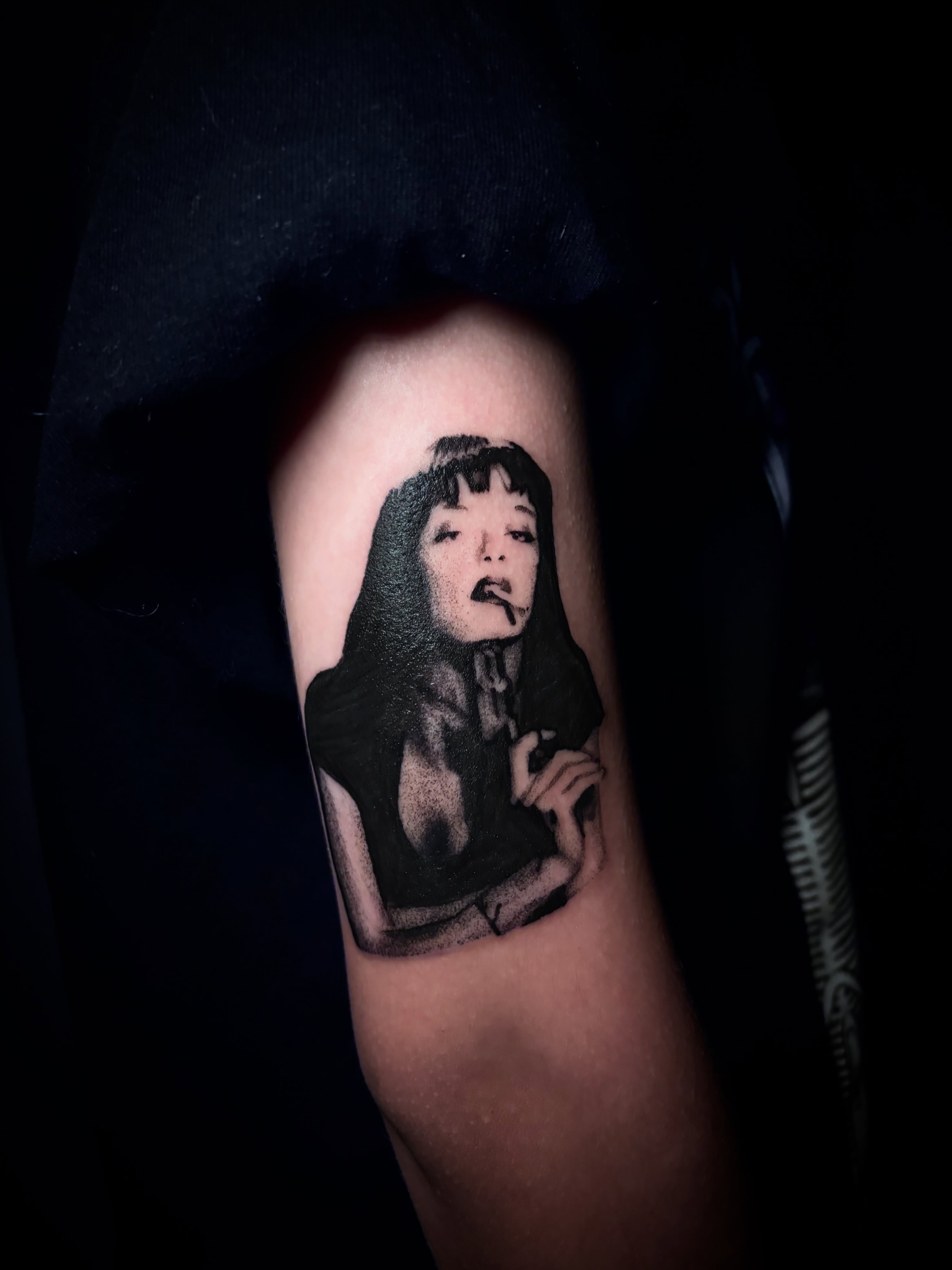 Woman smoking black and grey tattoo on the forearm by @halfwit__