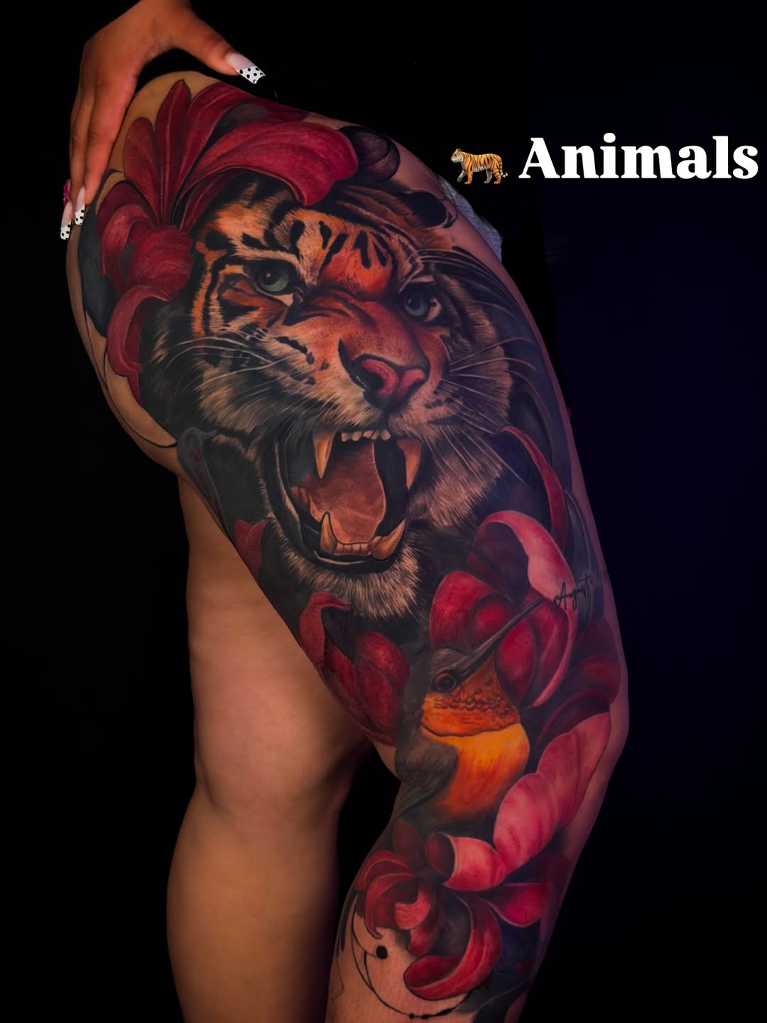 Tiger and hummingbird with flowers watercolor tattoo on the thigh by ✨ Tattoo Artist