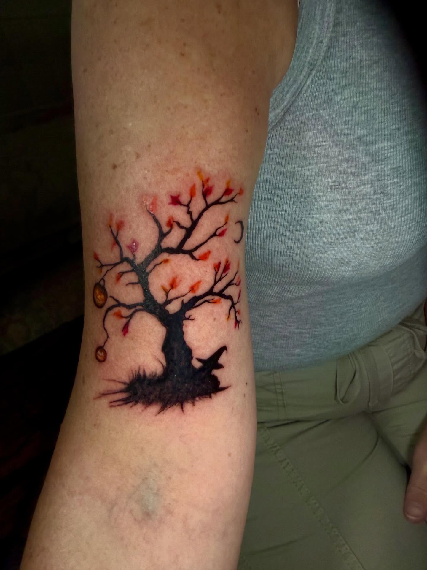 Abstract tree dotwork tattoo on the forearm by C.J.K. Roy