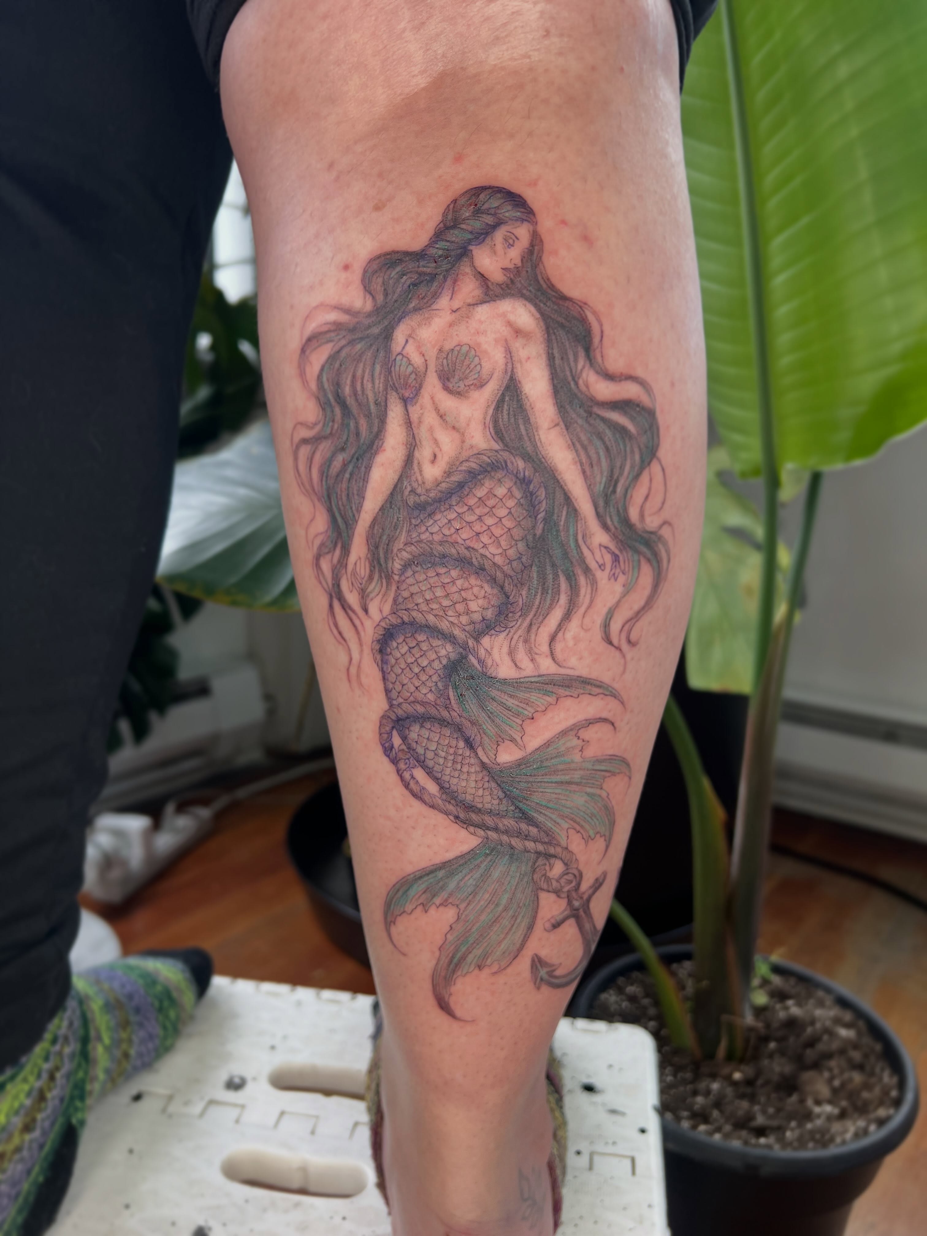 Mermaid realism tattoo on the calf by Jordi WA Tacoma Tattooer