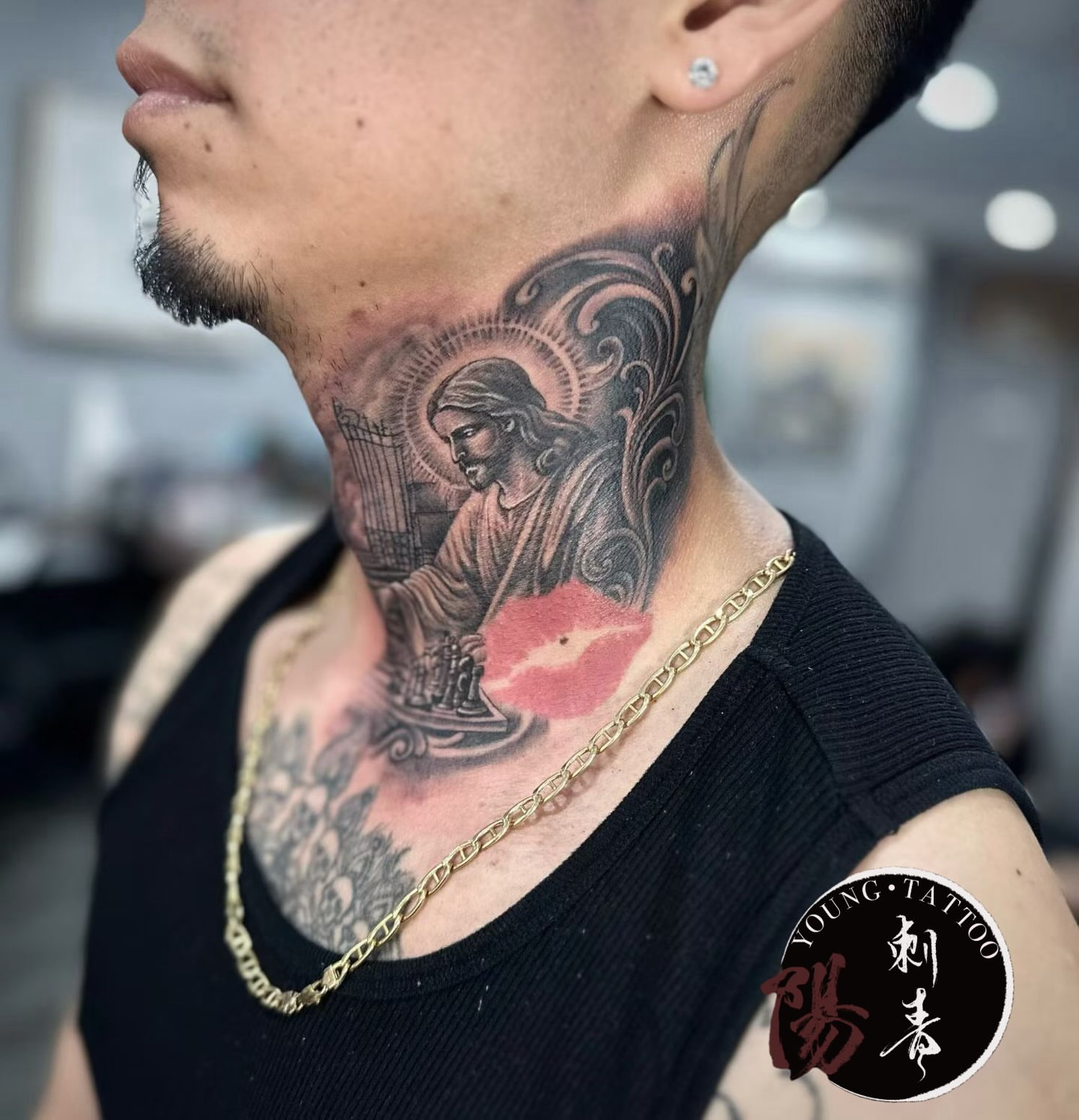 Religious figure black and grey tattoo on the neck by Ying