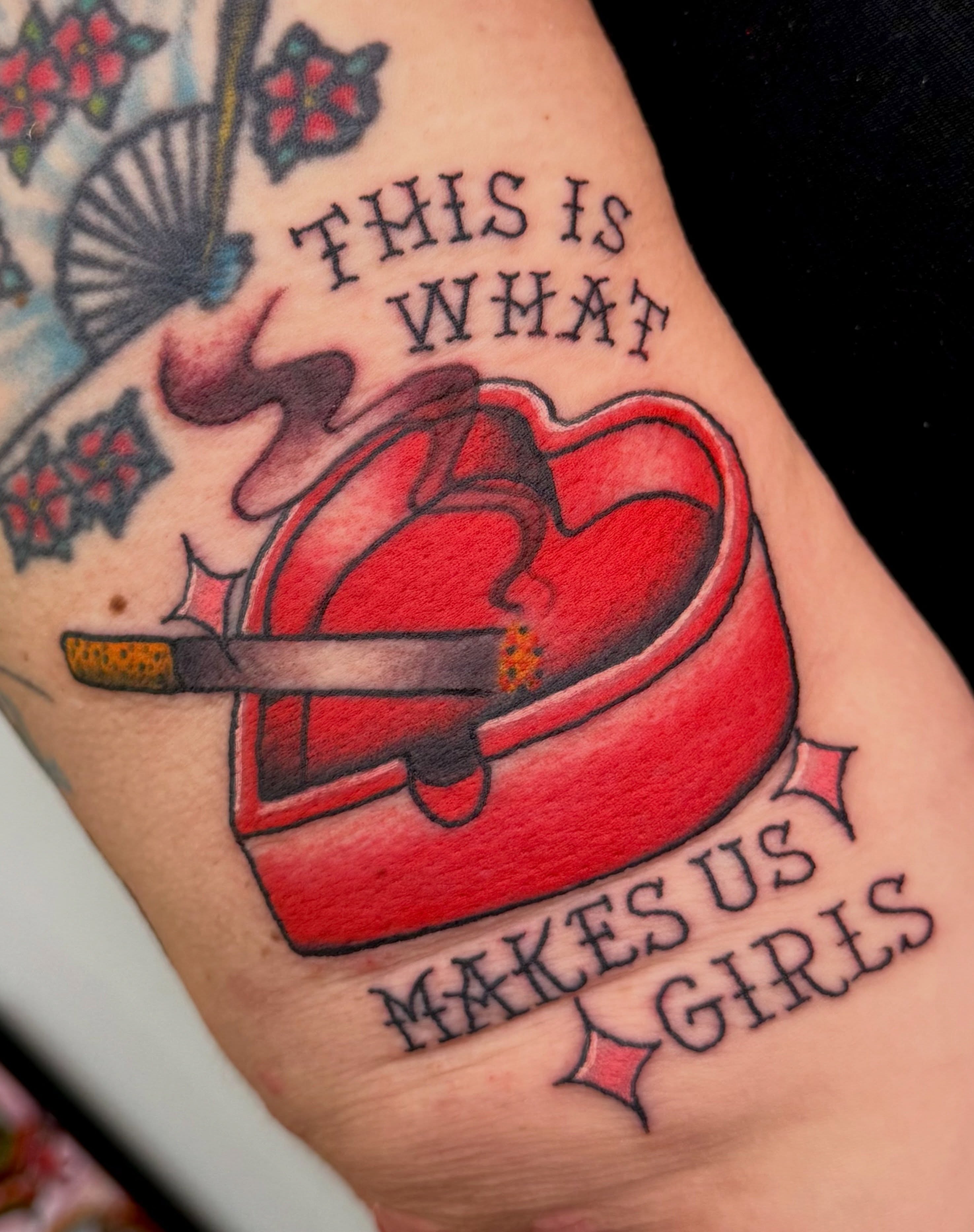 Heart with cigarette American traditional tattoo on the forearm by 🪩 Marisa Rae Mathews 🪩, McKees Rocks, Pennsylvania