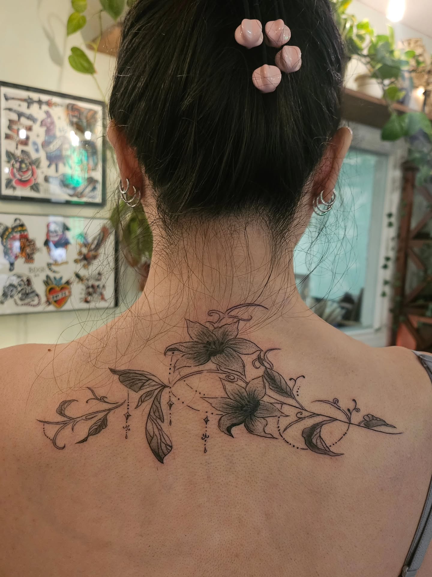 Floral arrangement black and grey tattoo on the back by ݁˖