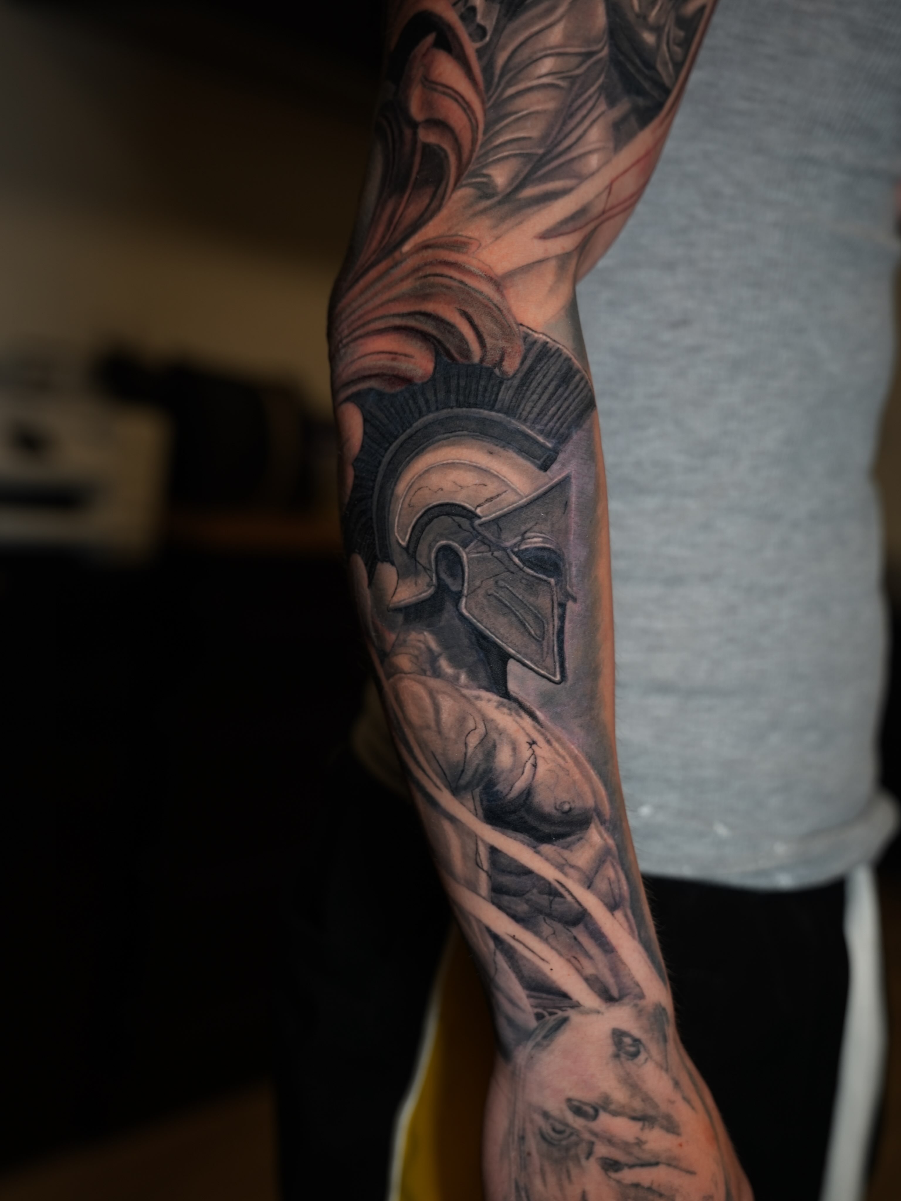 Spartan warrior realism tattoo on the forearm by Antonio Arias