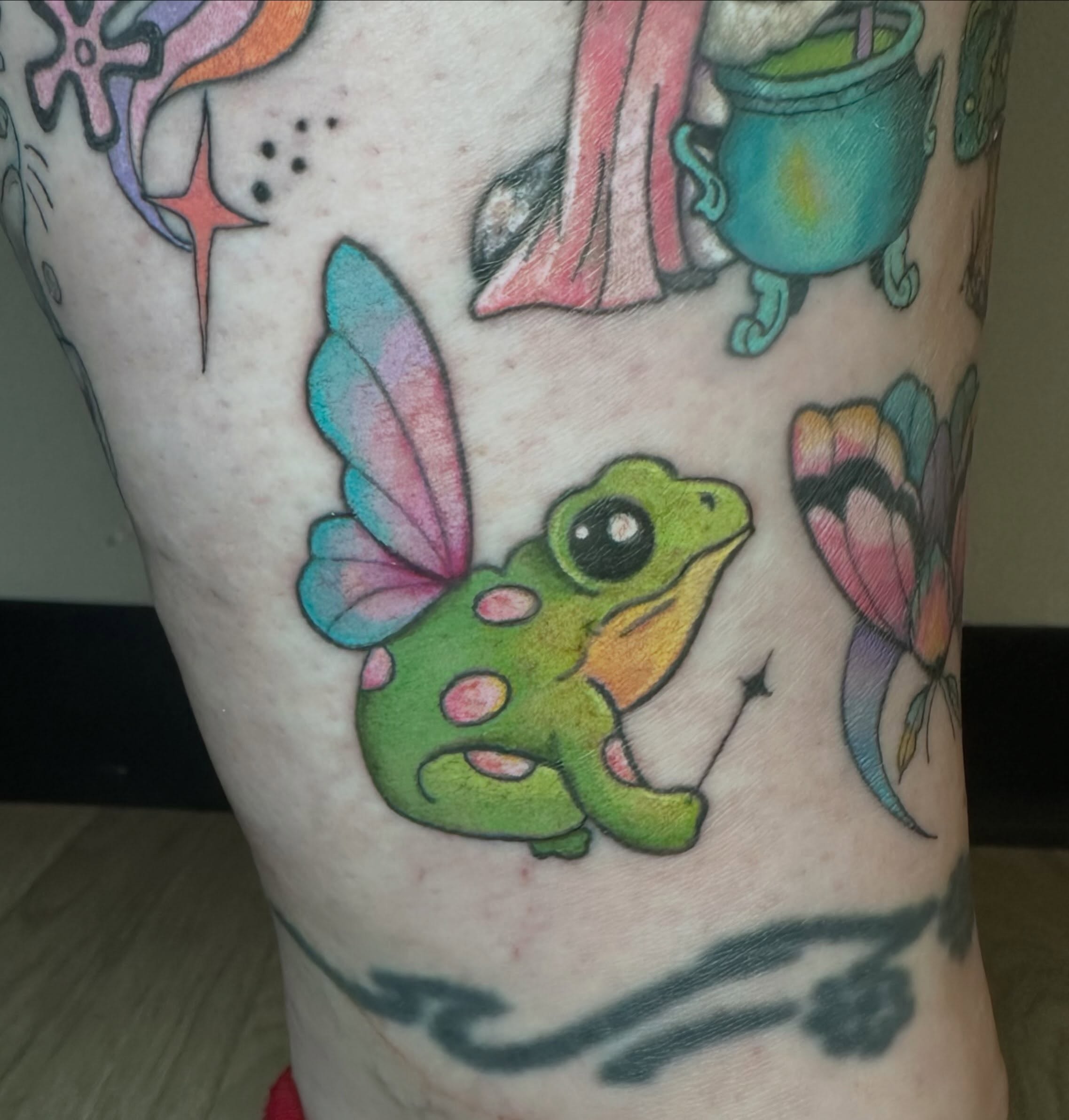 Fairy frog new school tattoo on the thigh by Sam, Mount Laurel, New Jersey