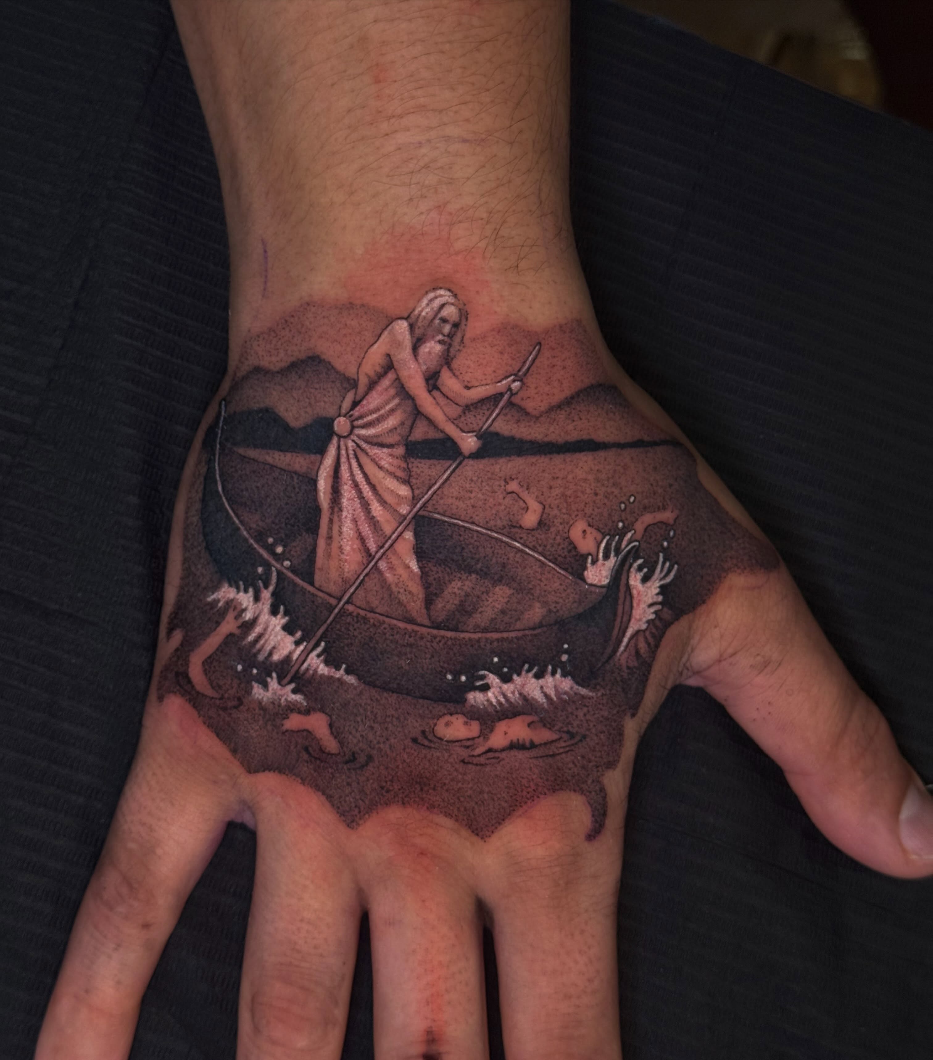 Jesus on boat realism tattoo on the hand by Marina Spell