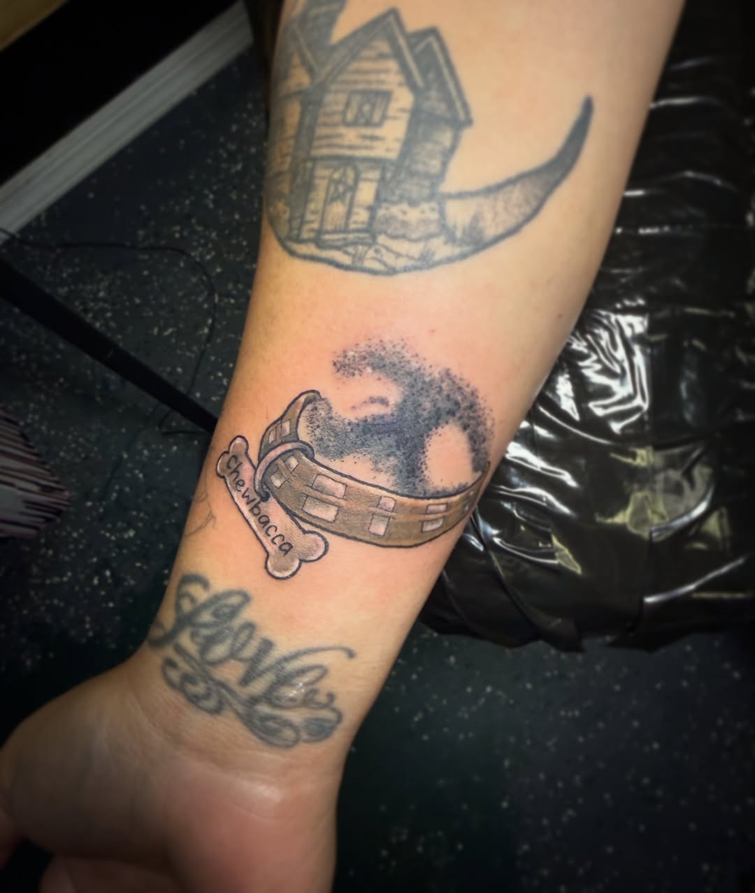 House and crescent moon dotwork tattoo on the forearm by Anastasia Carrasco