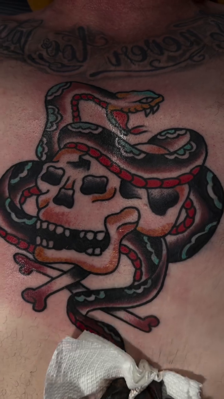 Skull and snakes American traditional tattoo on the chest by Don Lee