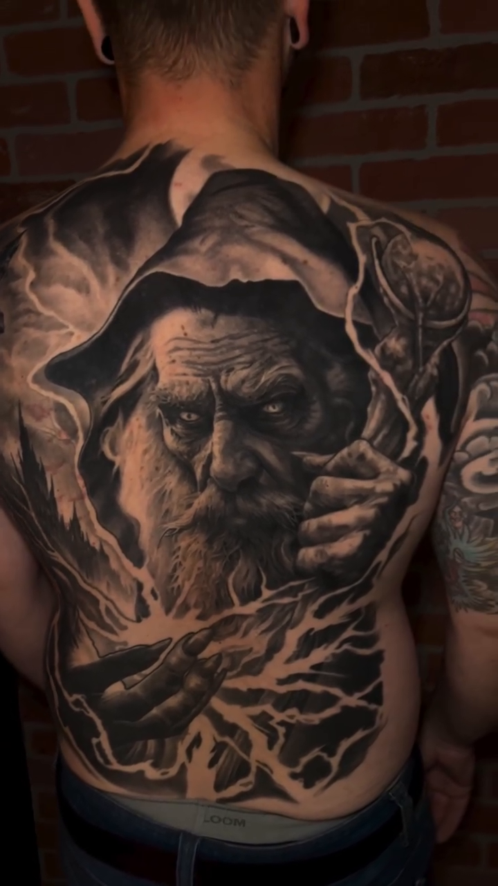 Gandalf the Grey realism tattoo by Raul Ugarte, Roseville, California