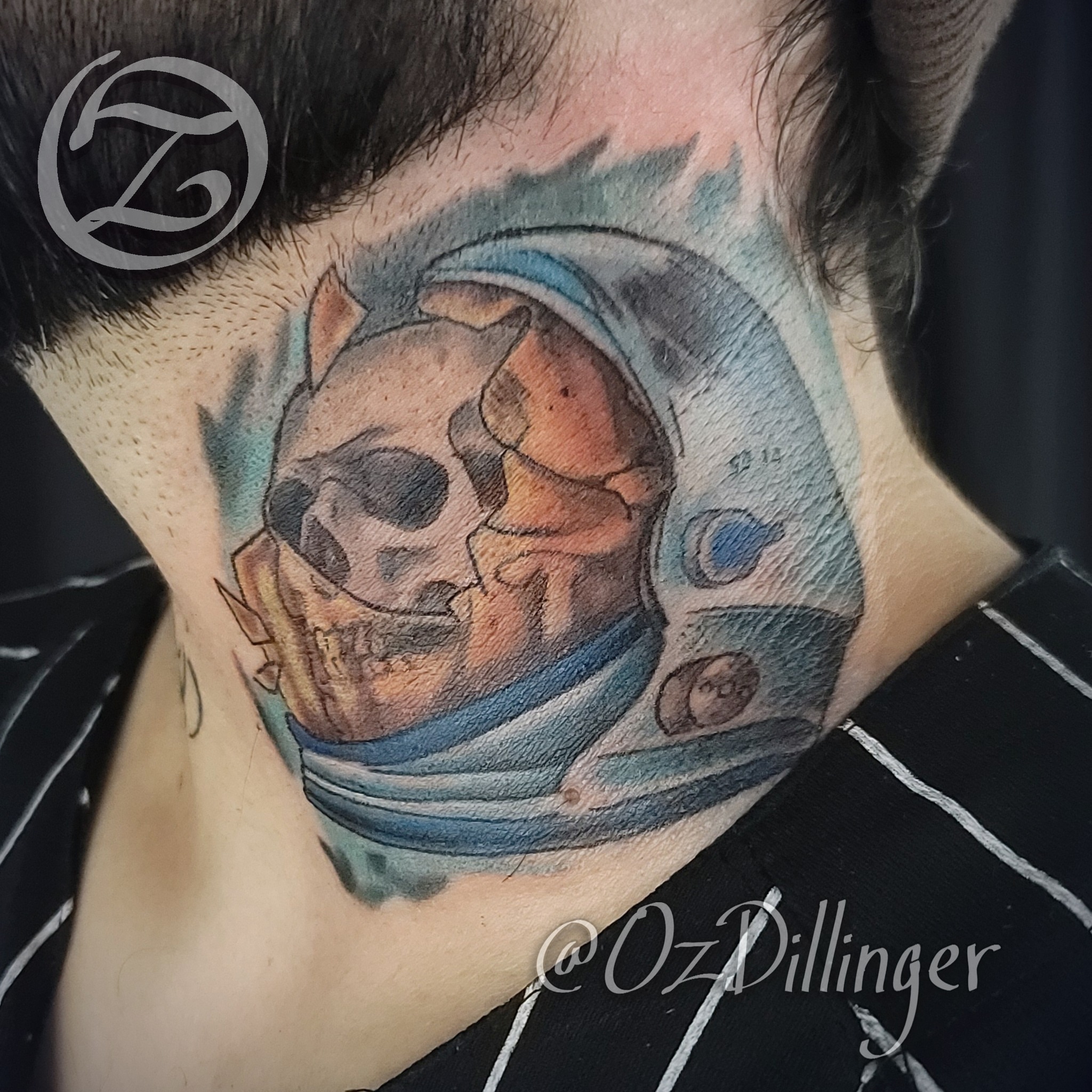 Astronaut skull realism tattoo on the neck by Oz Dillinger