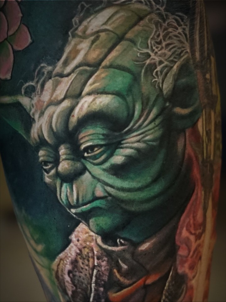 Yoda realism tattoo on the forearm by Bo