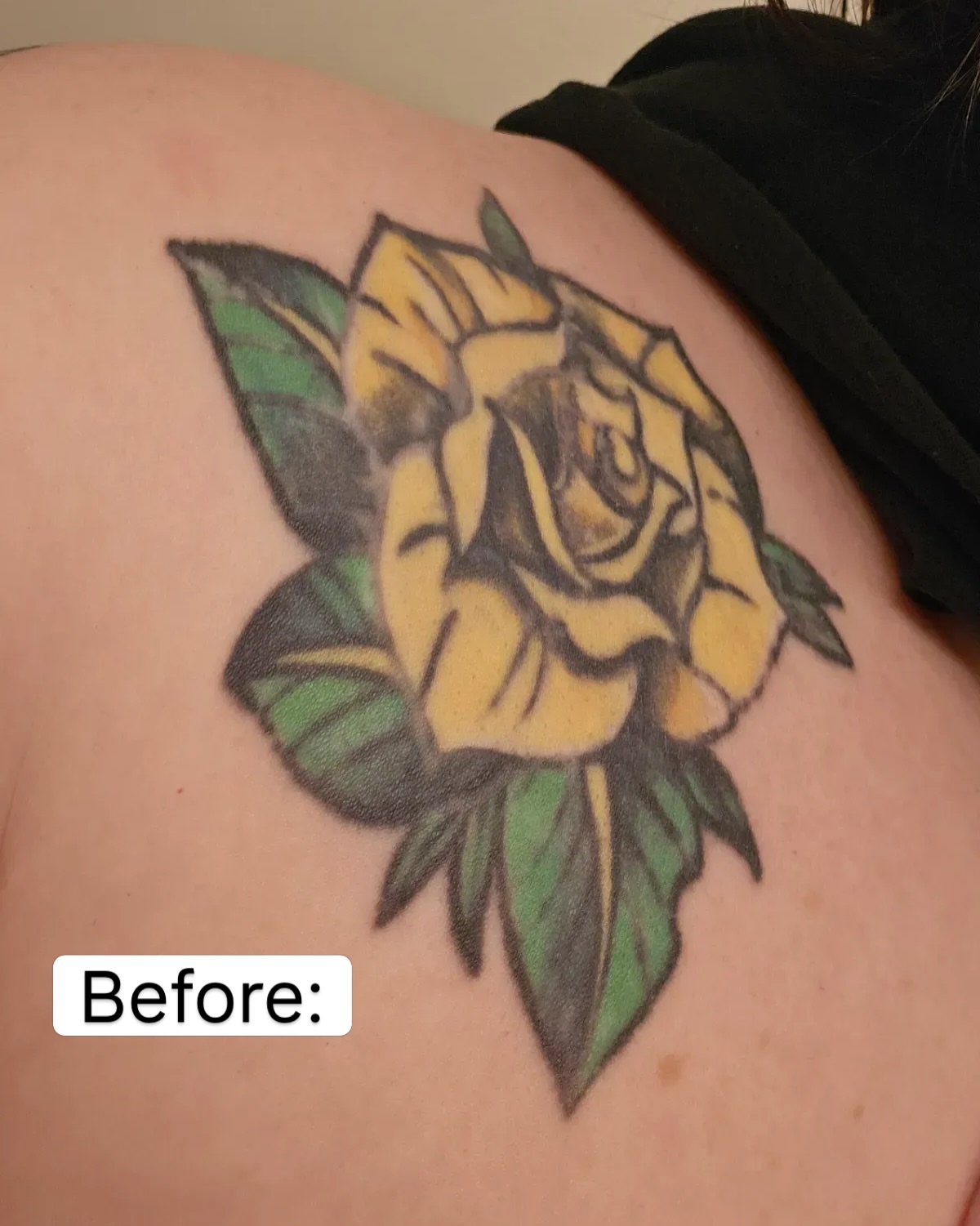 Yellow rose American traditional tattoo on the shoulder by bri allura ✿ tattoo artist  ✿ cleveland, oh
