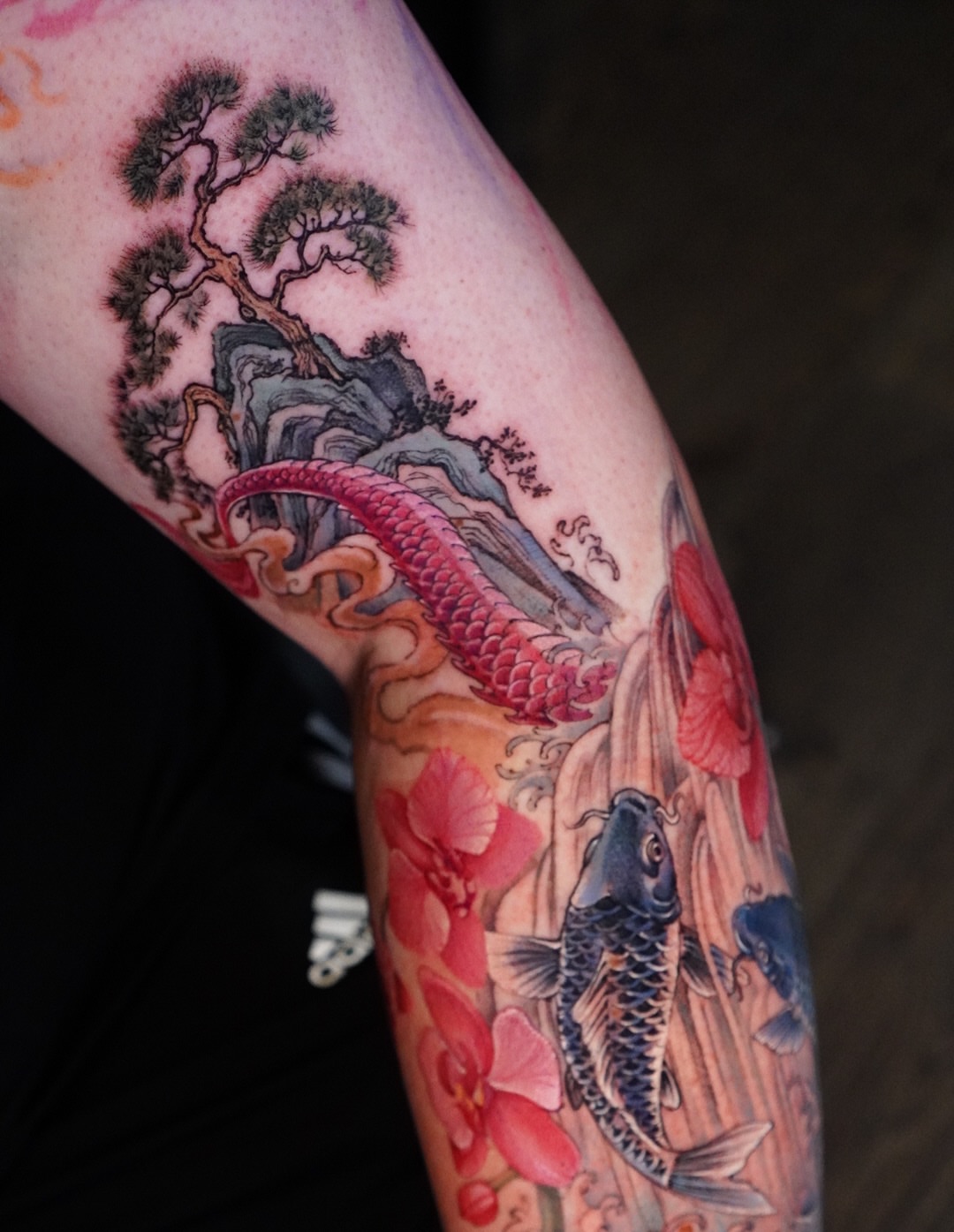 Koi fish and landscape japanese irezumi tattoo on the forearm by 🌛 Lê Huỳnh🌜, Dallas, Texas