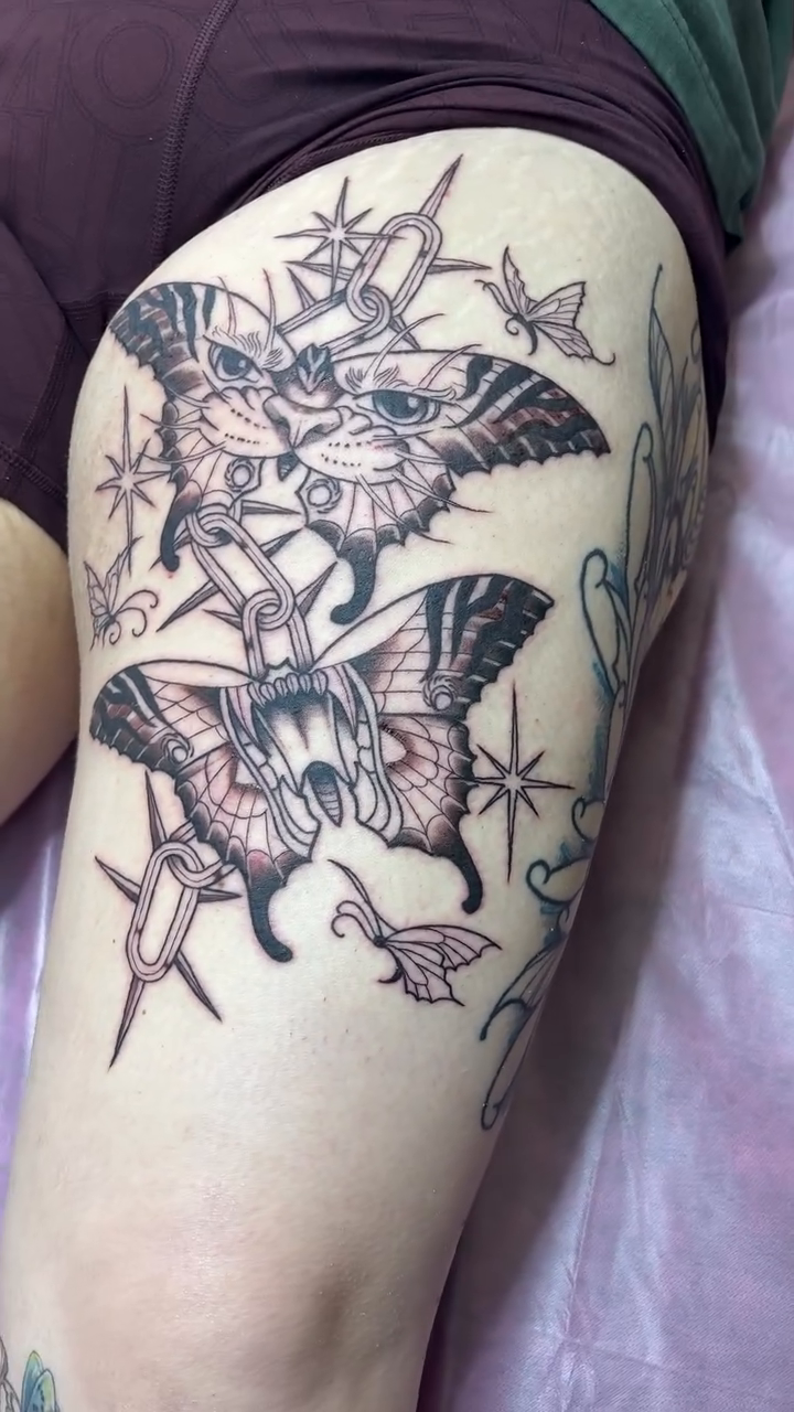 Moths and floral elements realism tattoo on the thigh by Car🦋🌈 Dallas Tattoo Artist💖