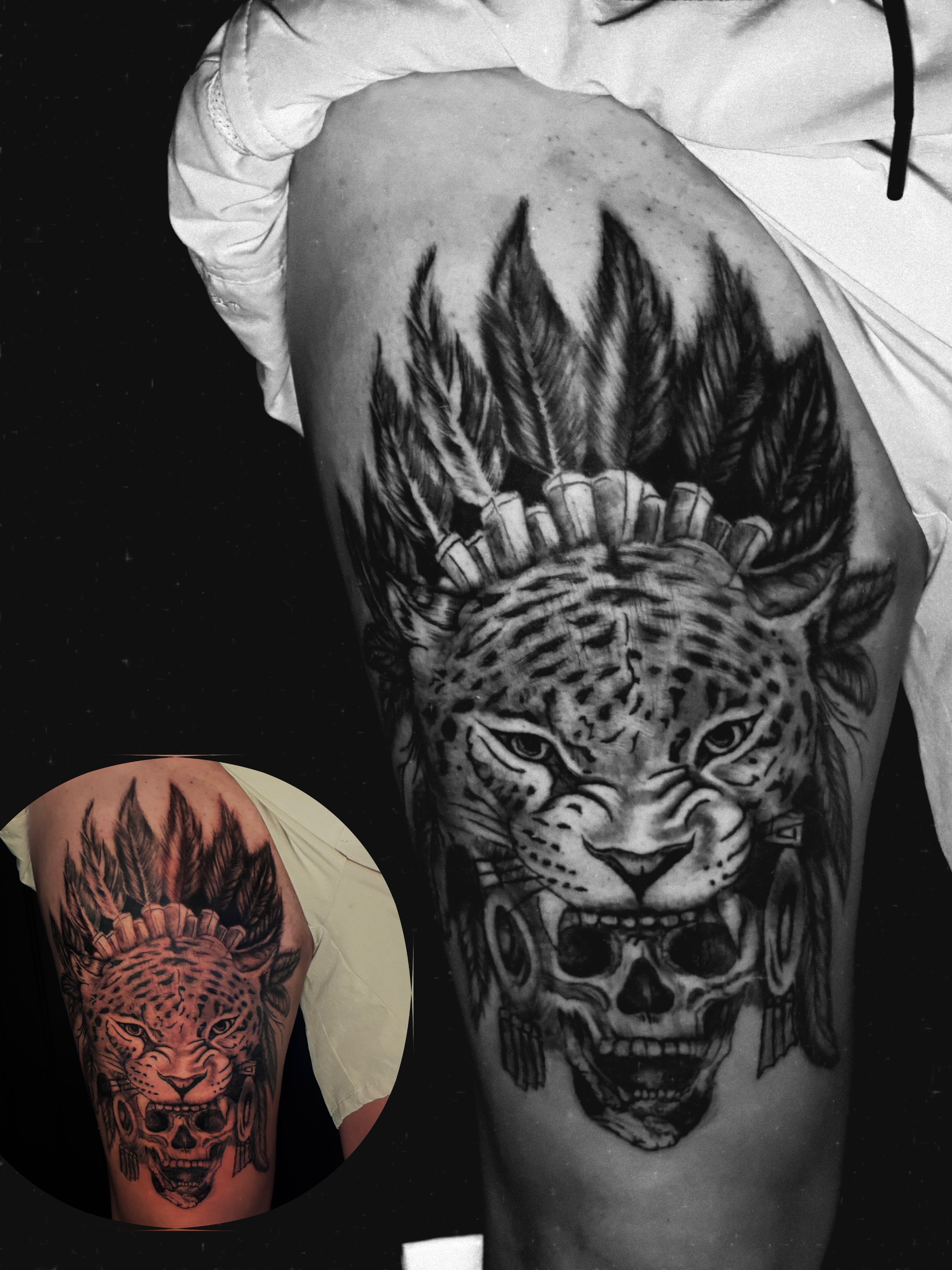 Leopard and skull realism tattoo on the thigh by Ink’d by Reina 🖤, Colorado Springs, Colorado