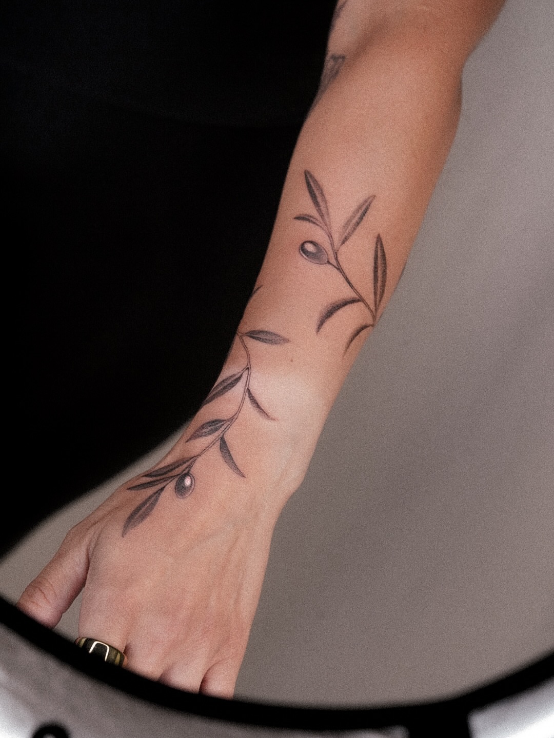 Olive branch black and grey tattoo on the forearm by Joy Christiana